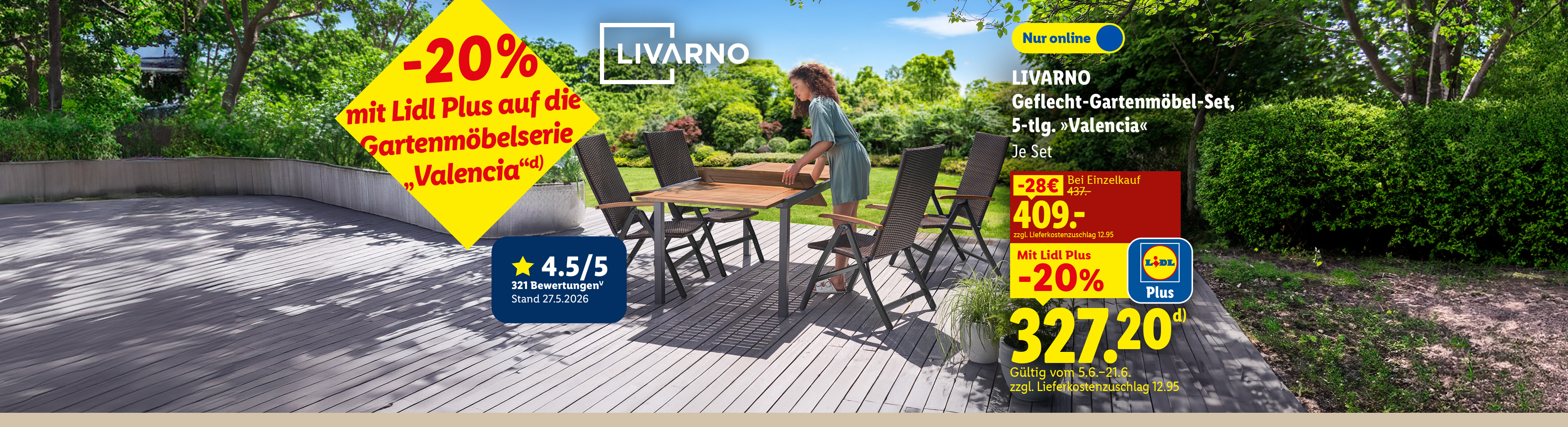 -20% mit Lidl Plus auf die Gartenmöbelserie „Valencia“: LIVARNO Geflecht-Gartenmöbel-Set, 5-tlg. »Valencia«, Je Set -20% günstiger, Nur online für 327.20 €