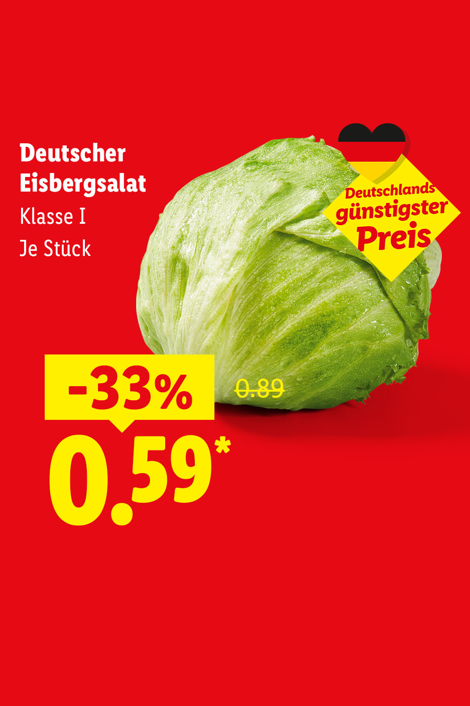 Deutschlands günstigster Preis – Deutscher Eisbergsalat, Klasse I, je Stück -33% für 0.59 €*.