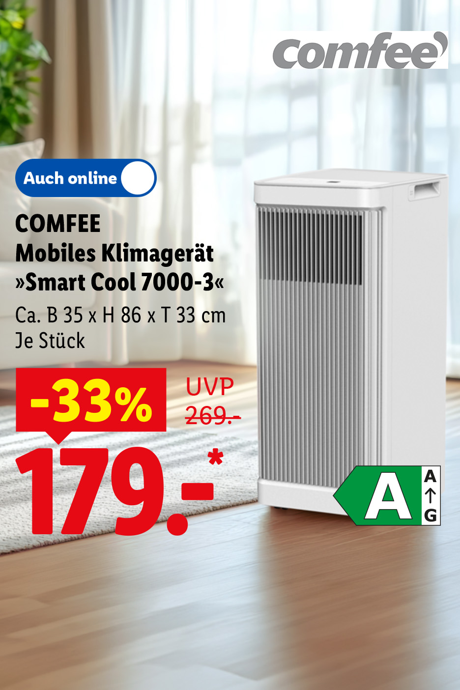 COMFEE Mobiles Klimagerät »Smart Cool 7000-3«, Ca. B 35 x H 86 x T 33 cm, Energieeffizienzklasse A, je Stück -33% auch online für 179.- €*.