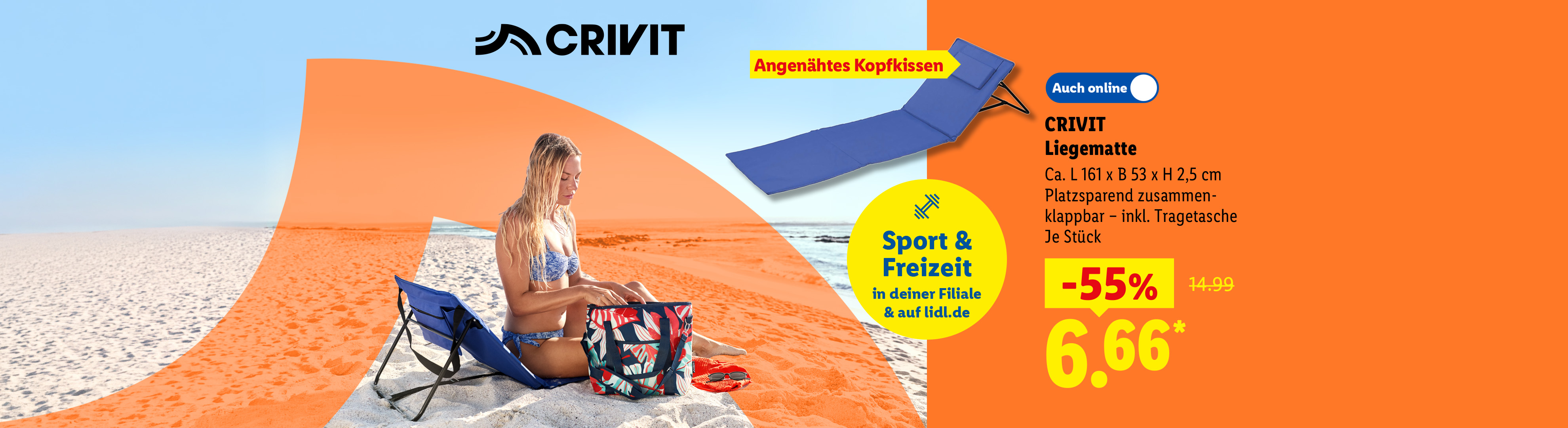 Tiefpreis Garantie: CRIVIT Liegematte, mit angenähtem Kopfkissen inkl. Tragetasche, je Stück auch online für 6.66€*