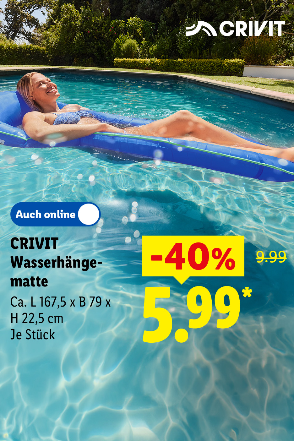CRIVIT Wasserhängematte, Ca. L 167,5 x B 79 x H 22,5 cm, je Stück -40% auch online für 5.99 €*.