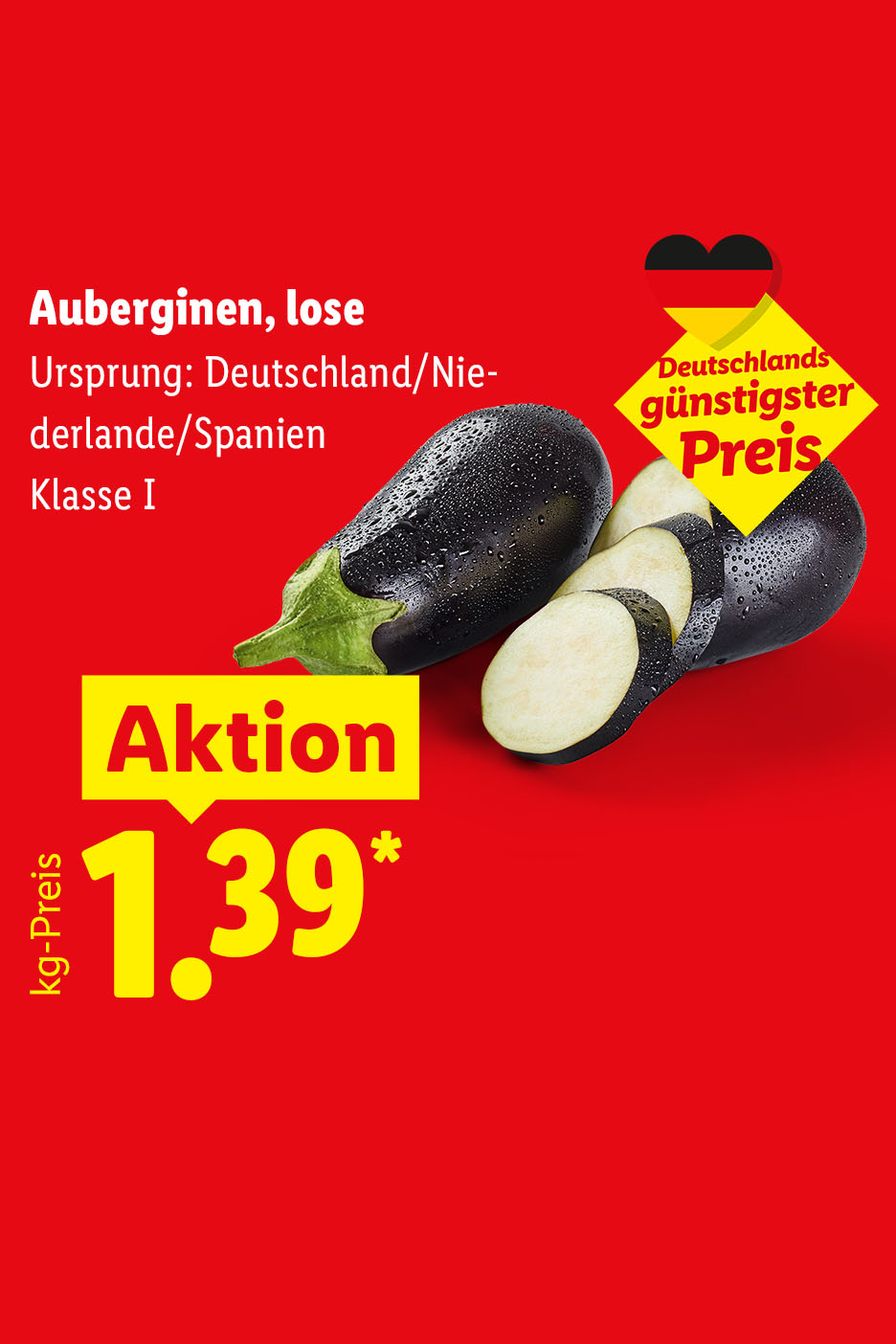 Deutschlands günstigster Preis – Auberginen, lose, Ursprung: Deutschland/Niederlande/Spanien, Klasse I, kg-Preis, Aktion für 1.39 €*.
