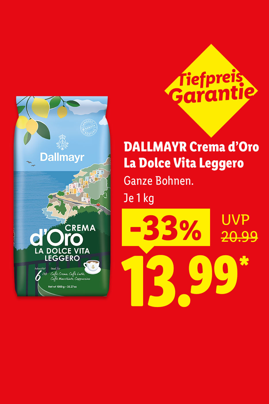 Tiefpreis Garantie – DALLMAYR Crema d’Oro La Dolce Vita Leggero, Ganze Bohnen, Je 1 kg, -33% für 13.99 €*.