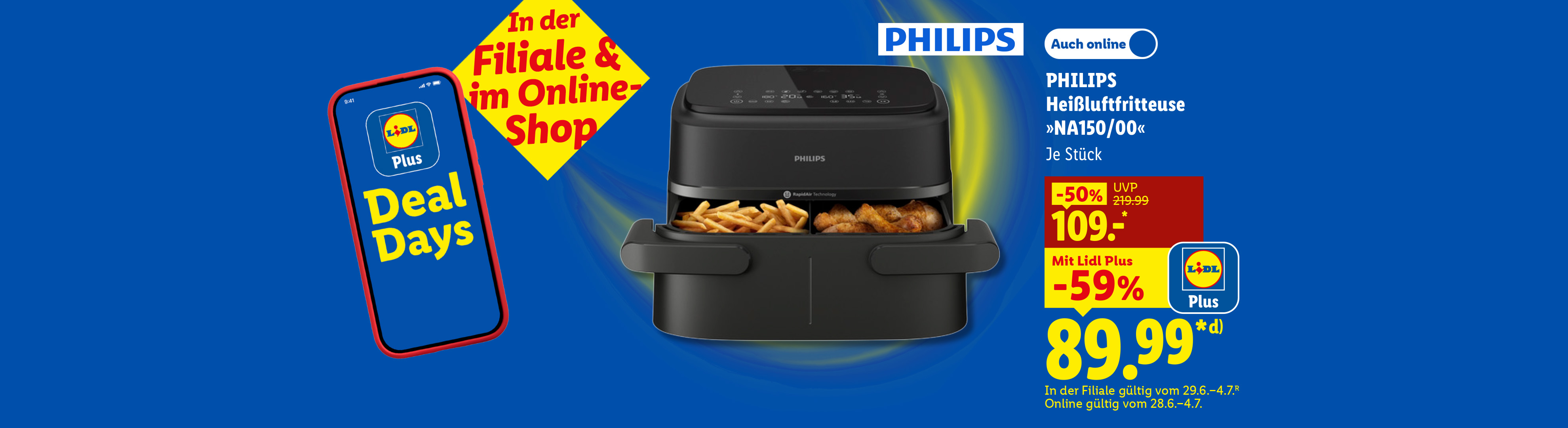 In der Filiale & im Online-Shop: PHILIPS Heißluftfritteuse »NA150/00«, je Stück Mit Lidl Plus -59% günstiger, Auch online für 89.99 €*