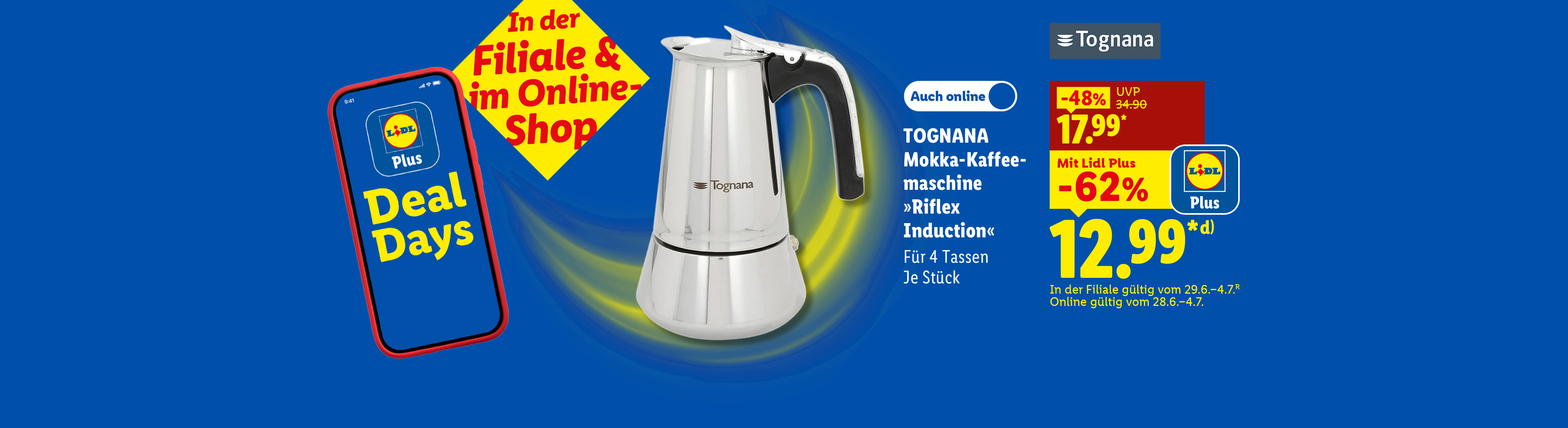 In der Filiale & im Online-Shop: TOGNANA Mokka-Kaffeemaschine »Riflex Induction«, Für 4 Tassen, je Stück Mit Lidl Plus -62% günstiger, Auch online für 12.99 €*