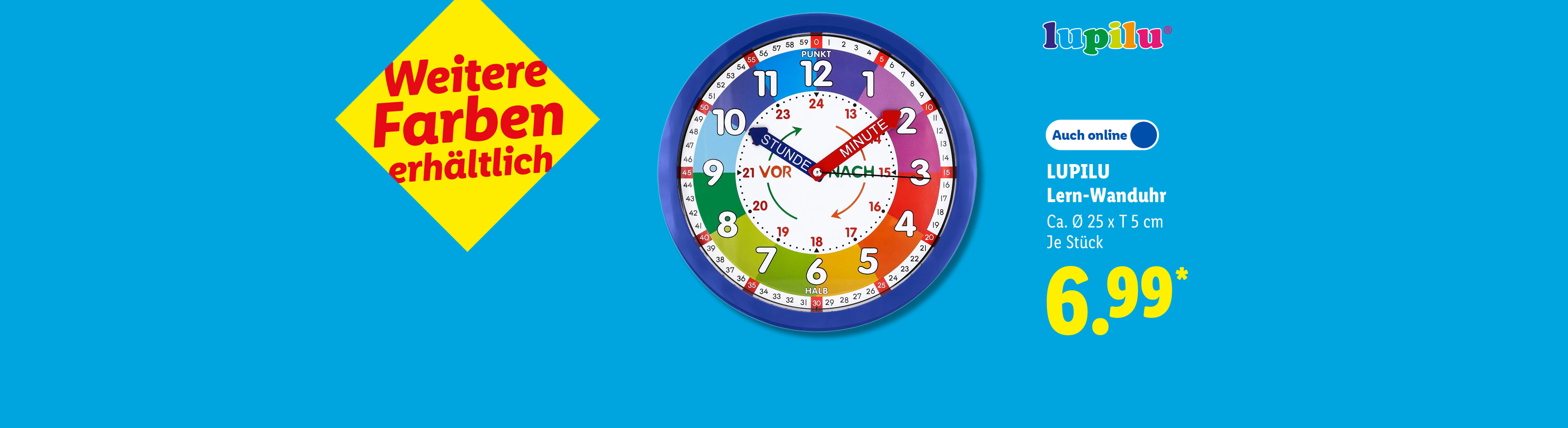 Weitere Farben erhältlich: LUPILU Lern-Wanduhr, Ca. Ø 25 x T 5 cm, je Stück, auch online für 6.99 €*.