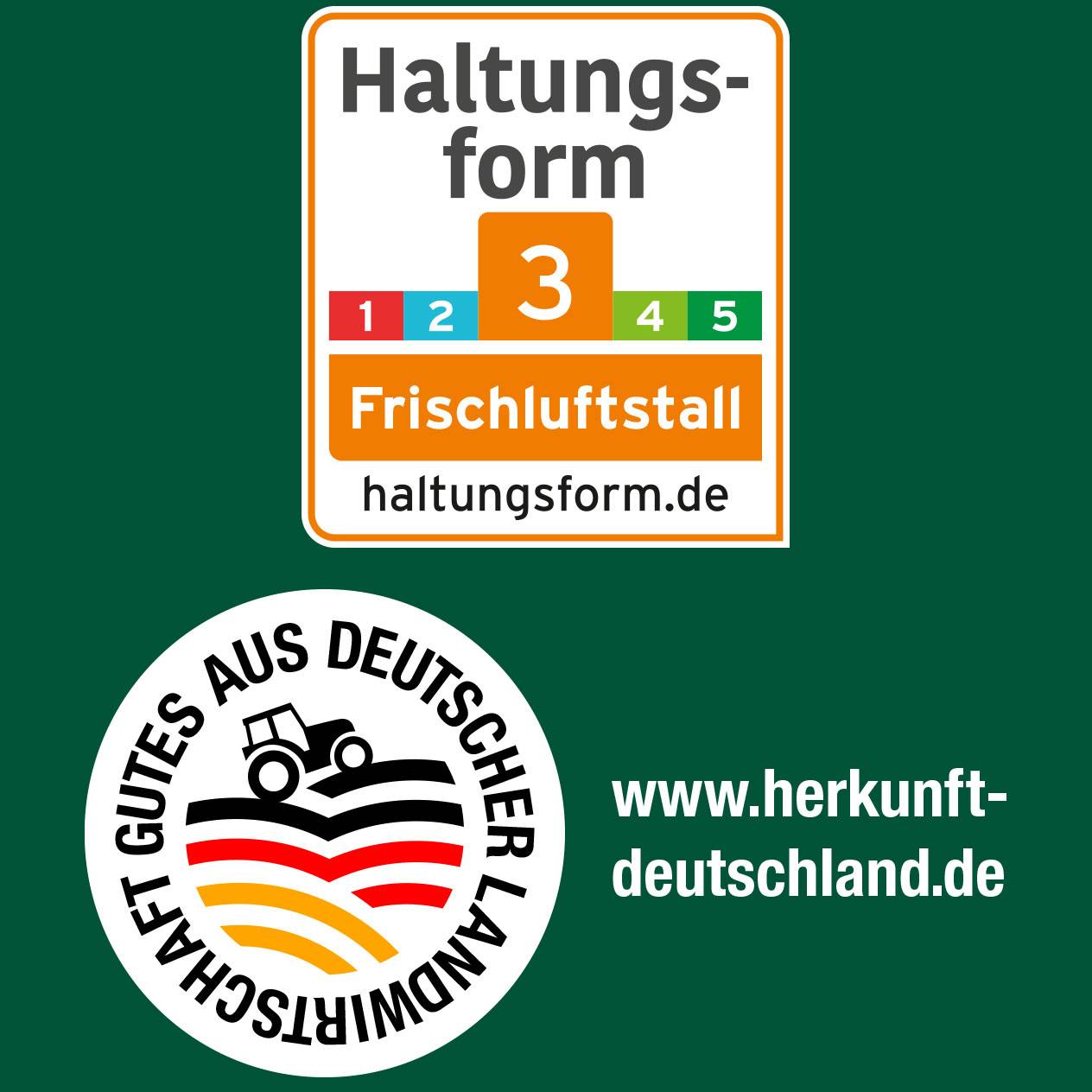 Logos Haltungsform 3 (haltungsform.de) – Frischluftstall und „Gutes aus deutscher Landwirtschaft“ (www.herkunft-deutschland.de).