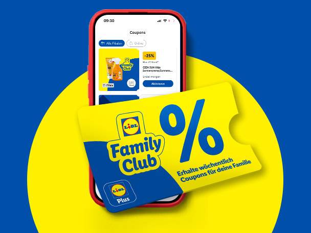 Ein Smartphone zeigt eine Coupon-App mit einem Family Club-Coupon und einem Rabatt von 25% auf Sonnencreme.