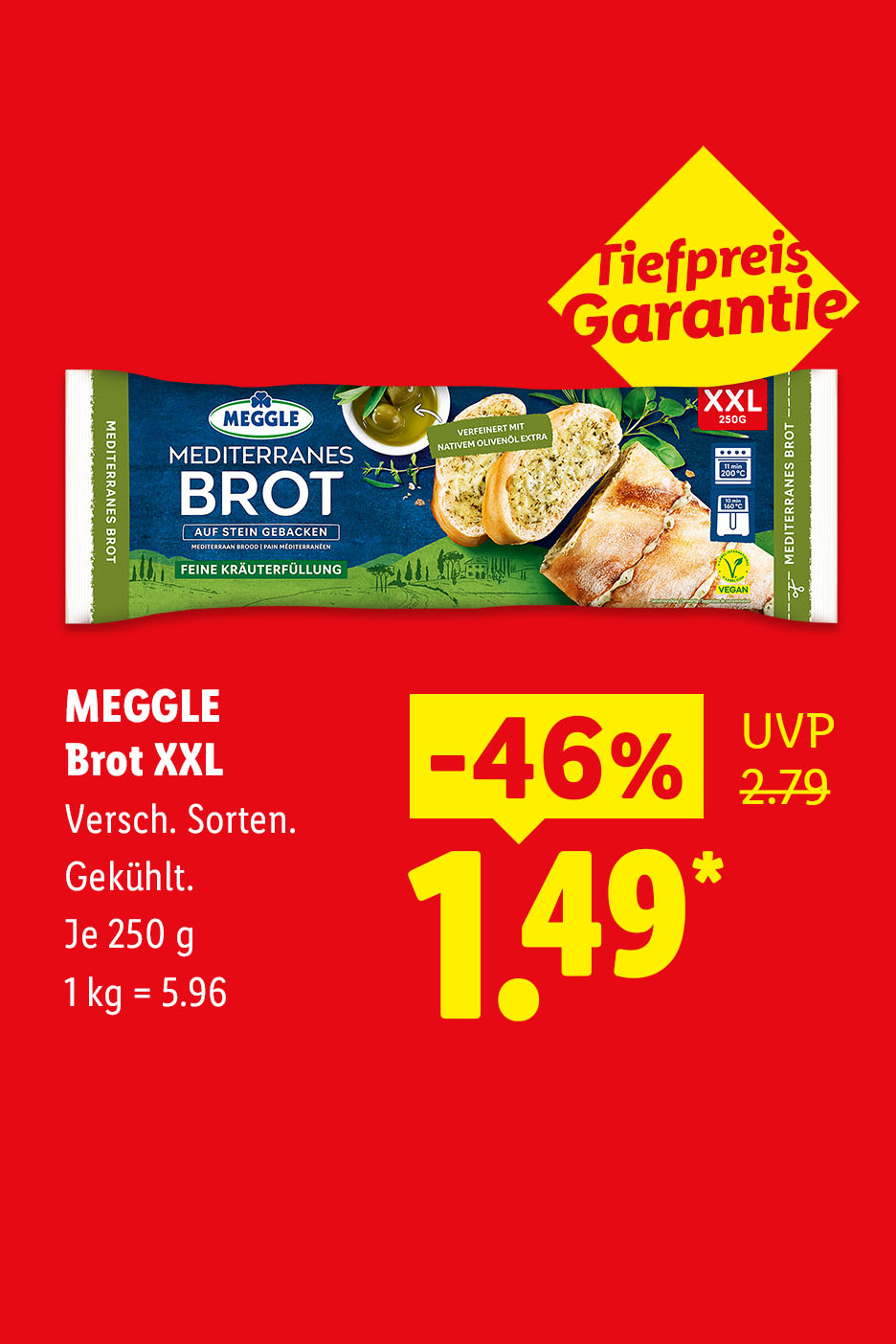 Tiefpreis Garantie – MEGGLE Brot XXL, Verschiedene Sorten, Gekühlt, Je 250 g, 1 kg = 5.96 €, -46% für 1.49 €*.