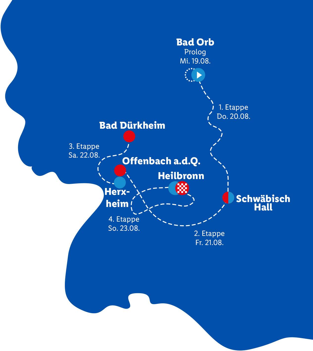 Etappen mit eingezeichneter Route der Lidl Deutschland Tour auf einer Deutschlandkarte.