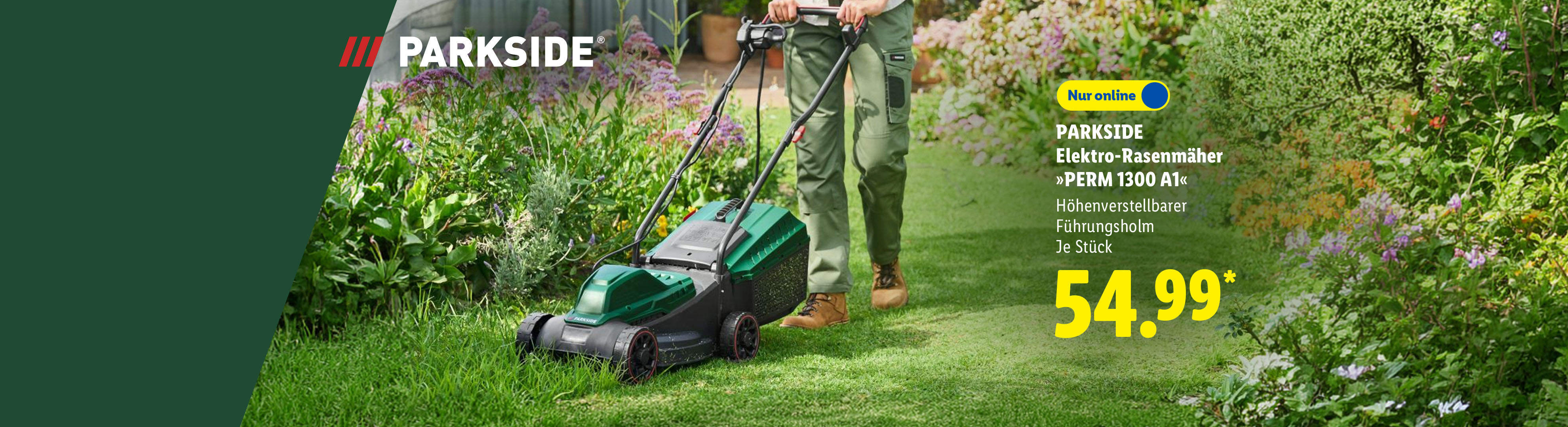 Perfekter Rasenschnitt: PARKSIDE Elektro-Rasenmäher »PERM 1300 A1«, Höhenverstellbarer Führungsholm, je Stück, auch online für 54.99 €*.