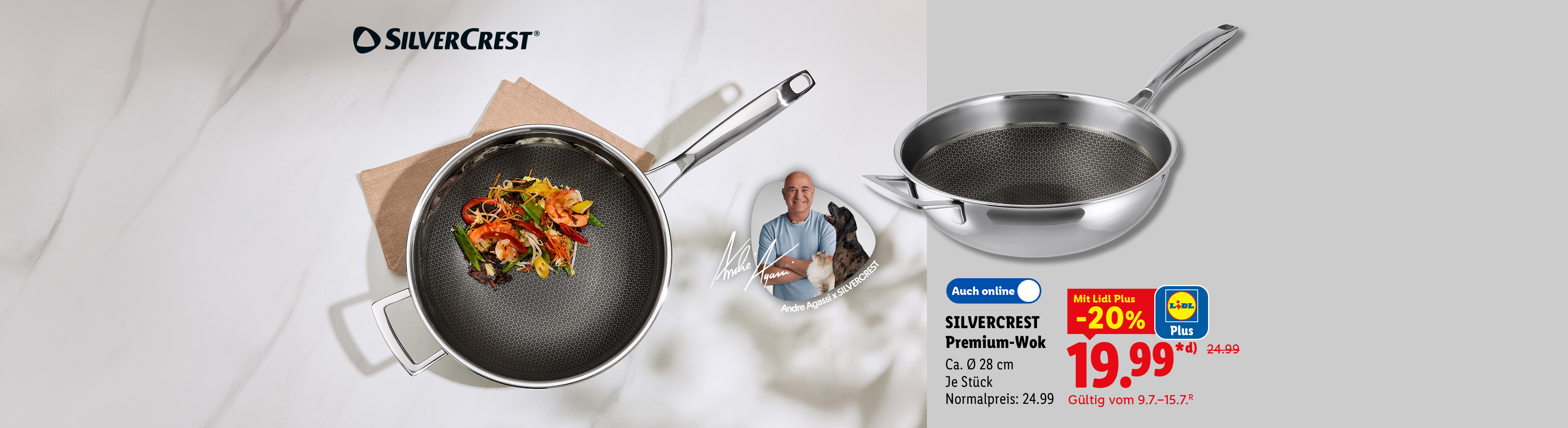 Mit Lidl Plus -20 % günstiger: SILVERCREST Premium-Wok, Ca. Ø 28 cm, je Stück, Auch online für 19.99 €*. Normalpreis: 24.99€*. Gültig vom 9.7.-15.7.