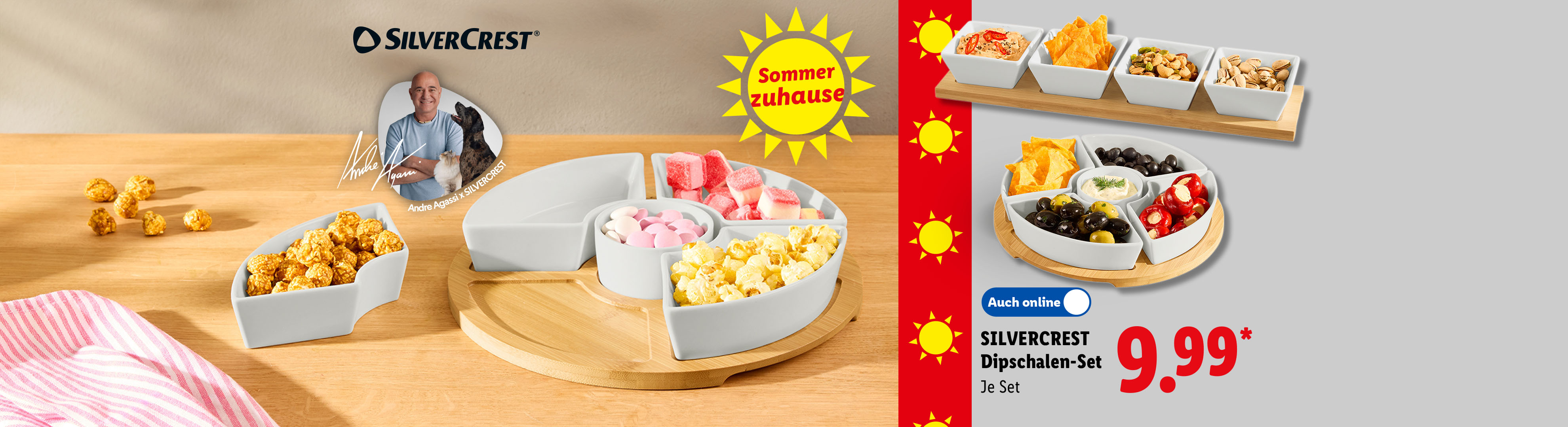 Sommer zuhause: Dip-Schalen-Set mit Snacks und Dips, auch online erhältlich für 9,99 €.