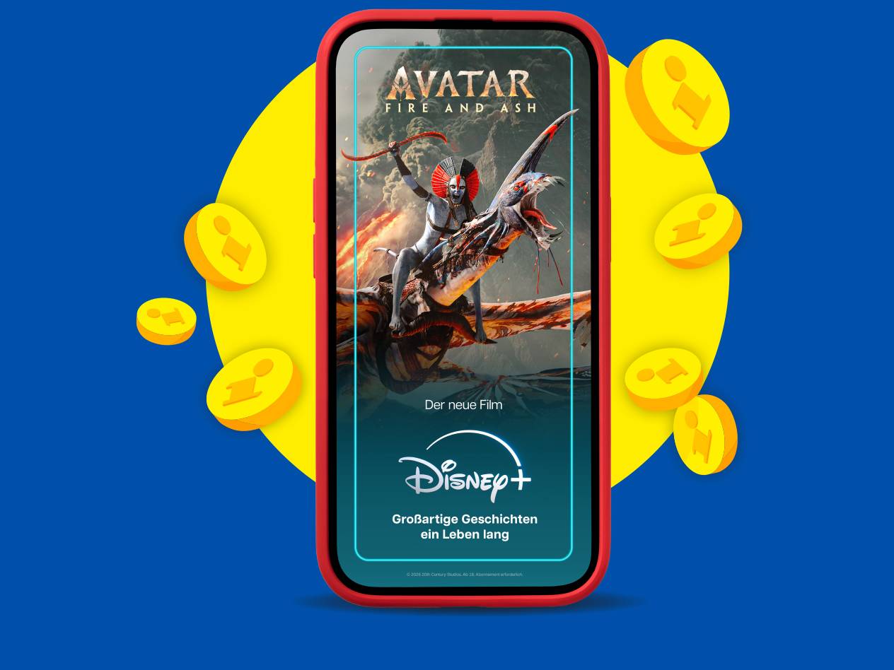Rotes Smartphone mit Filmwerbung für 'Avatar: Fire and Ash' von Disney+, umgeben von Lidl Punkte Münzen.