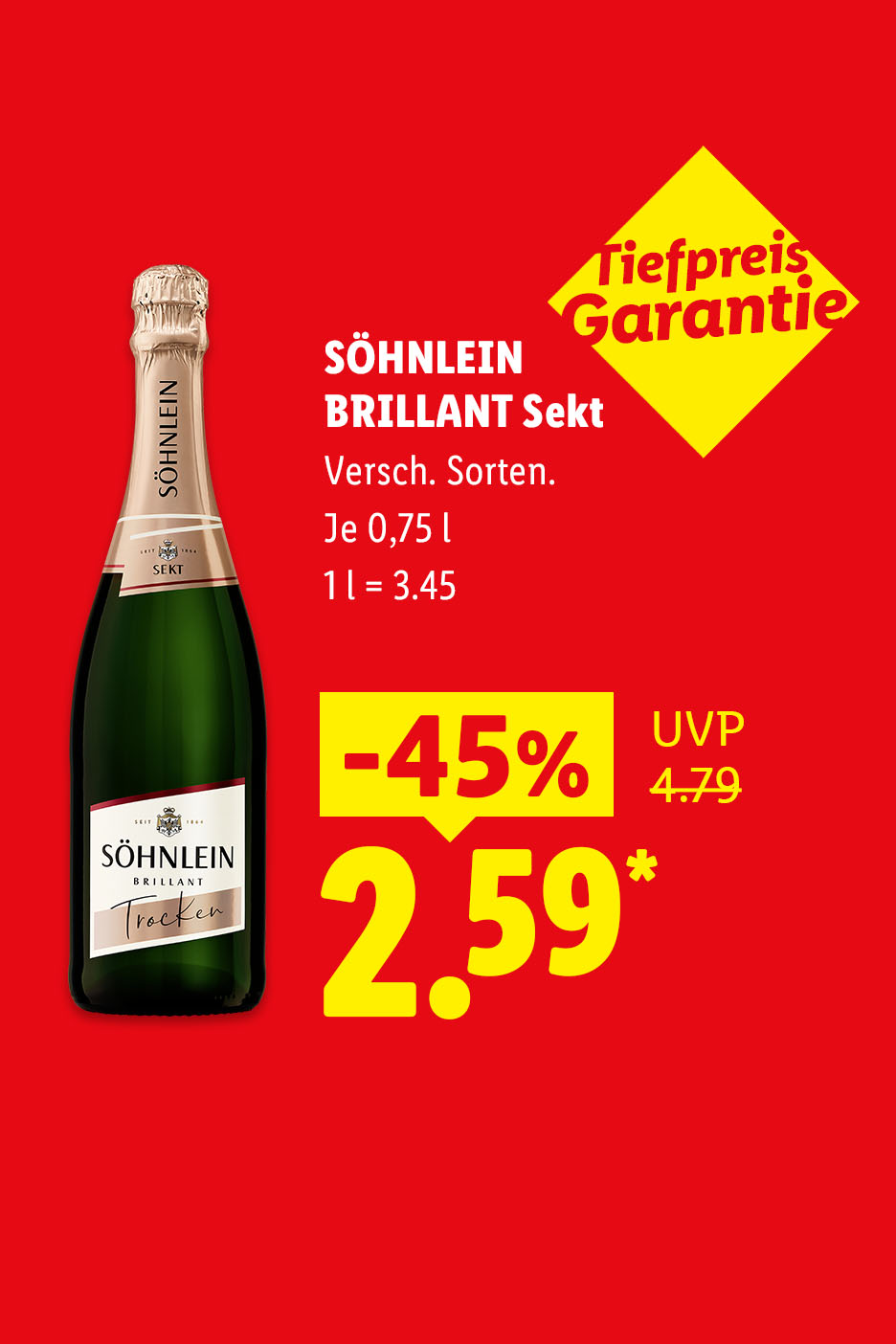 Tiefpreis Garantie – SÖHNLEIN BRILLANT Sekt, Verschiedene Sorten, je 0,75 l -45% für 2.59 €*. 1 l = 3.45 €.