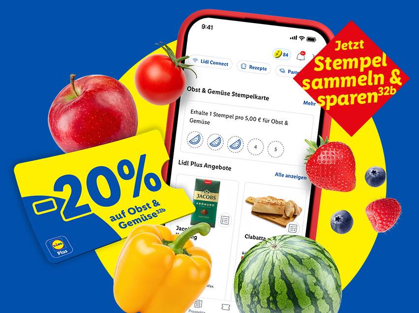 Lidl Plus App mit Obst- und Gemüsestempelkarte, 20% Rabatt und frischen Produkten.
