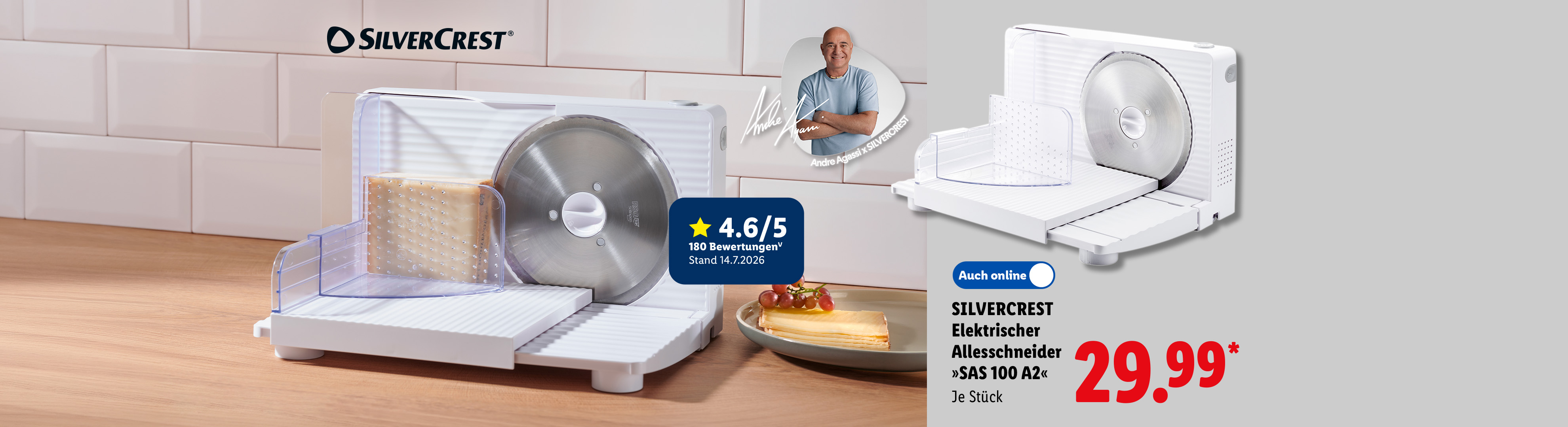 SILVERCREST Elektrischer Allesschneider »SAS 100 A2«, Kundenbewertung 4.6/5 Stand 14.7.2026, je Stück, in der Filiale und online erhältlich. für 29.99 €*.