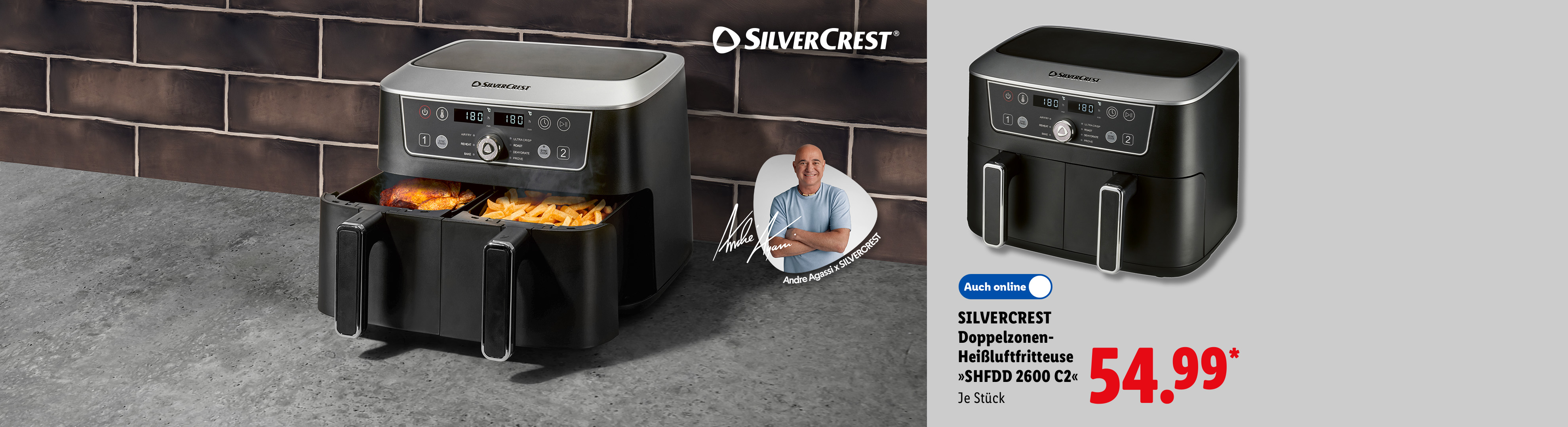 SILVERCREST Doppelzonen-Heißluftfritteuse »SHFDD 2600 C2«, je Stück, in der Filiale und online erhältlich für 54.99 €*.