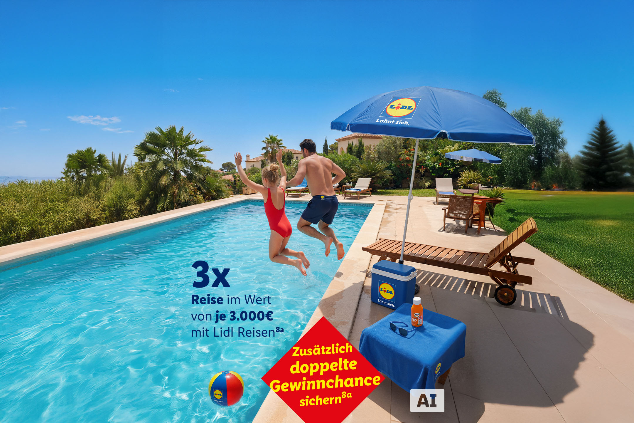 Zusätzlich doppelte Gewinnchance sichern (8a): 3x Reise im Wert von je 3.000€ mit Lidl Reisen (8a). AI-generiert