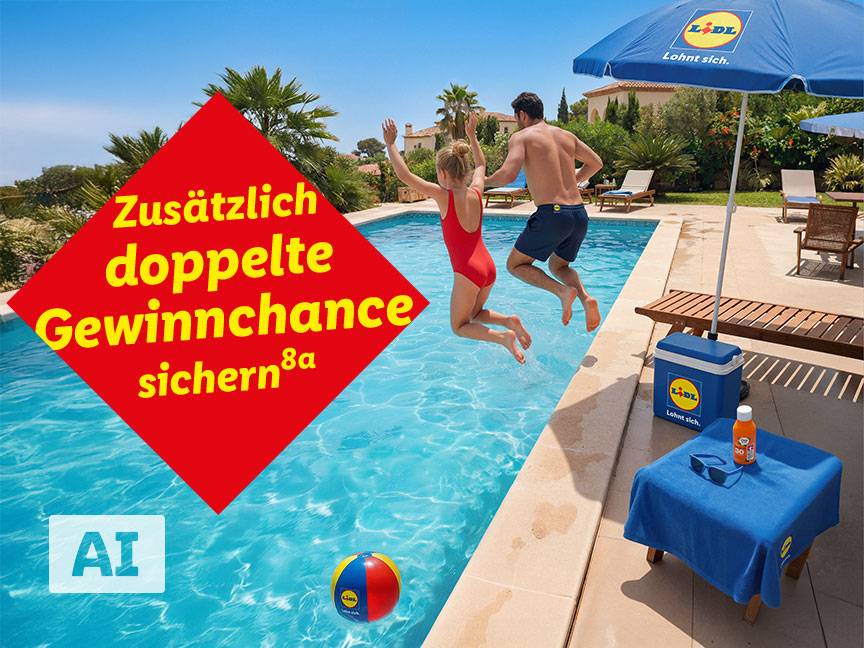 Zusätzlich doppelte Gewinnchance sichern (8a): 3x Reise im Wert von je 3.000€ mit Lidl Reisen (8a). AI-generiert