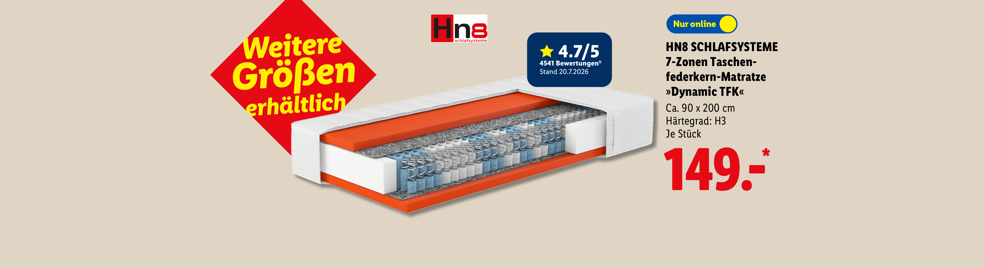 Weitere Größen erhältlich: HN8 SCHLAFSYSTEME 7-Zonen Taschenfederkern-Matratze »Dynamic TFK«, Ca. 90 x 200 cm Härtegrad: H3, je Stück, Nur online für 149.00 €*.