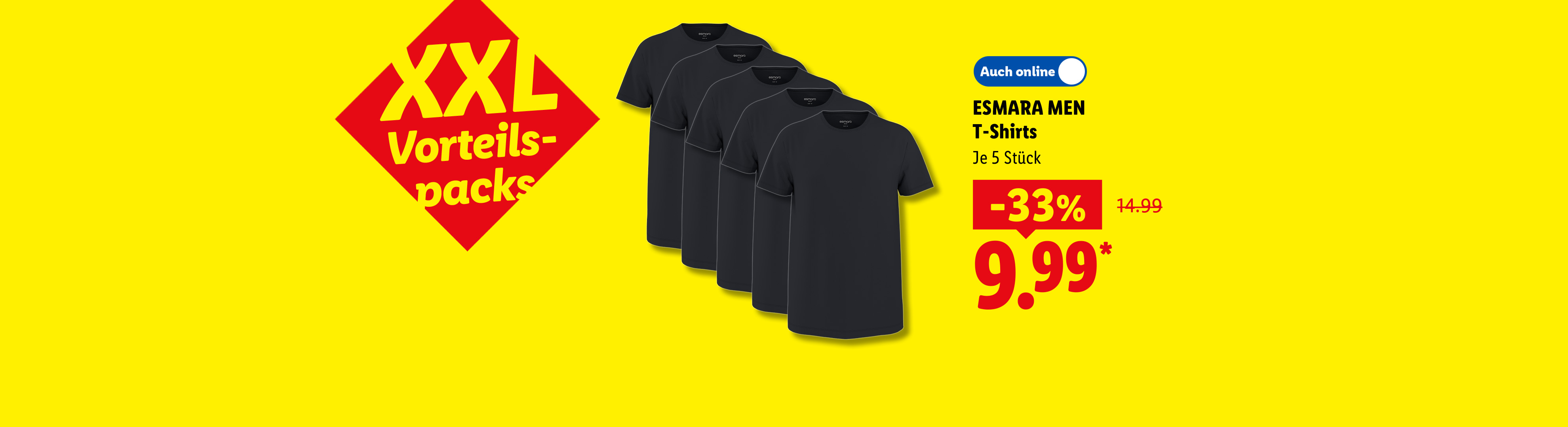 XXL Vorteilspacks: ESMARA MEN T-Shirts, je 5 Stück 33% günstiger, Auch online für 9.99 €*.