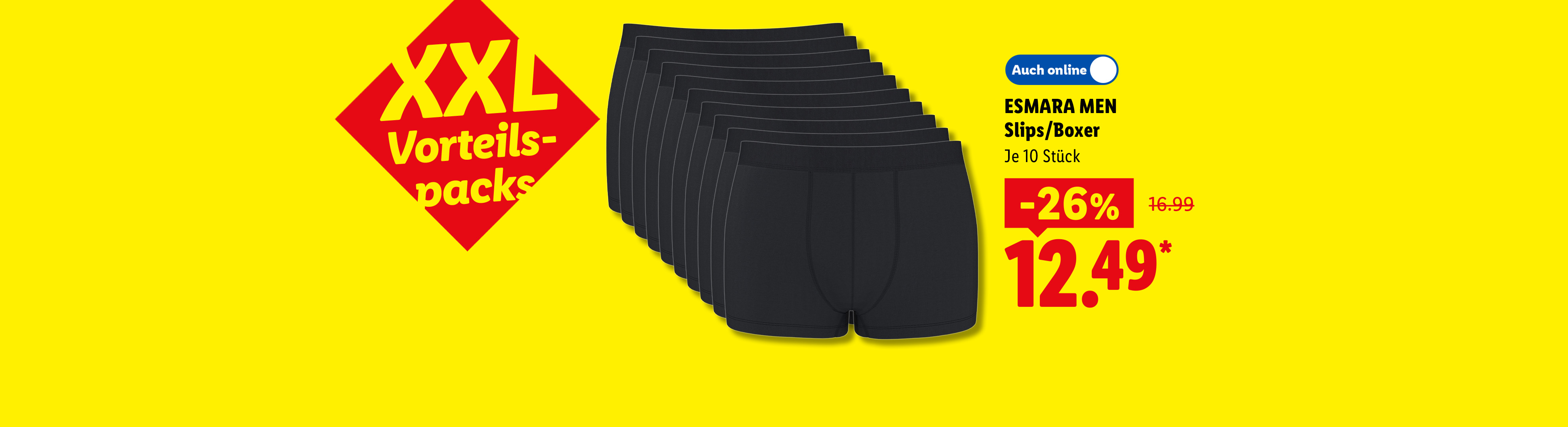 XXL Vorteilspacks: ESMARA MEN Slips/Boxer, je 10 Stück 26% günstiger, Auch online für 12.49 €*.