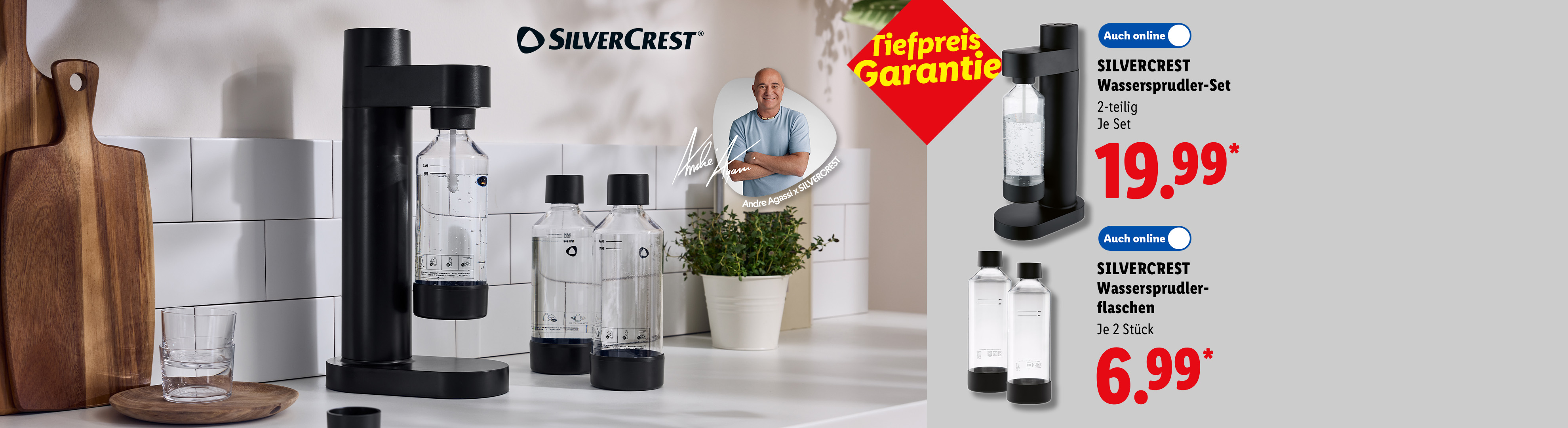 Tiefpreis Garantie: SILVERCREST Wassersprudler-Set, 2-teilig, je Set, Auch online für 19.99 €* und SILVERCREST Wassersprudler-Flaschen, je 2 Stück, Auch online für 6.99€*.