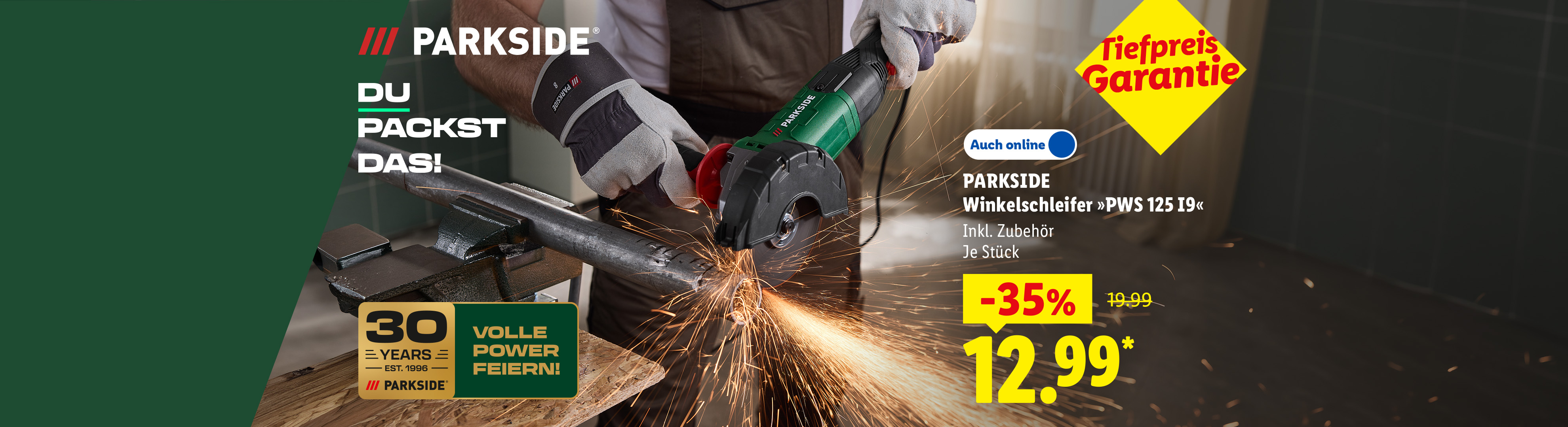 Tiefpreis Garantie: PARKSIDE Winkelschleifer »PWS 125 I9«, Inkl. Zubehör, je Stück 35% günstiger, Auch online für 12.99 €*.