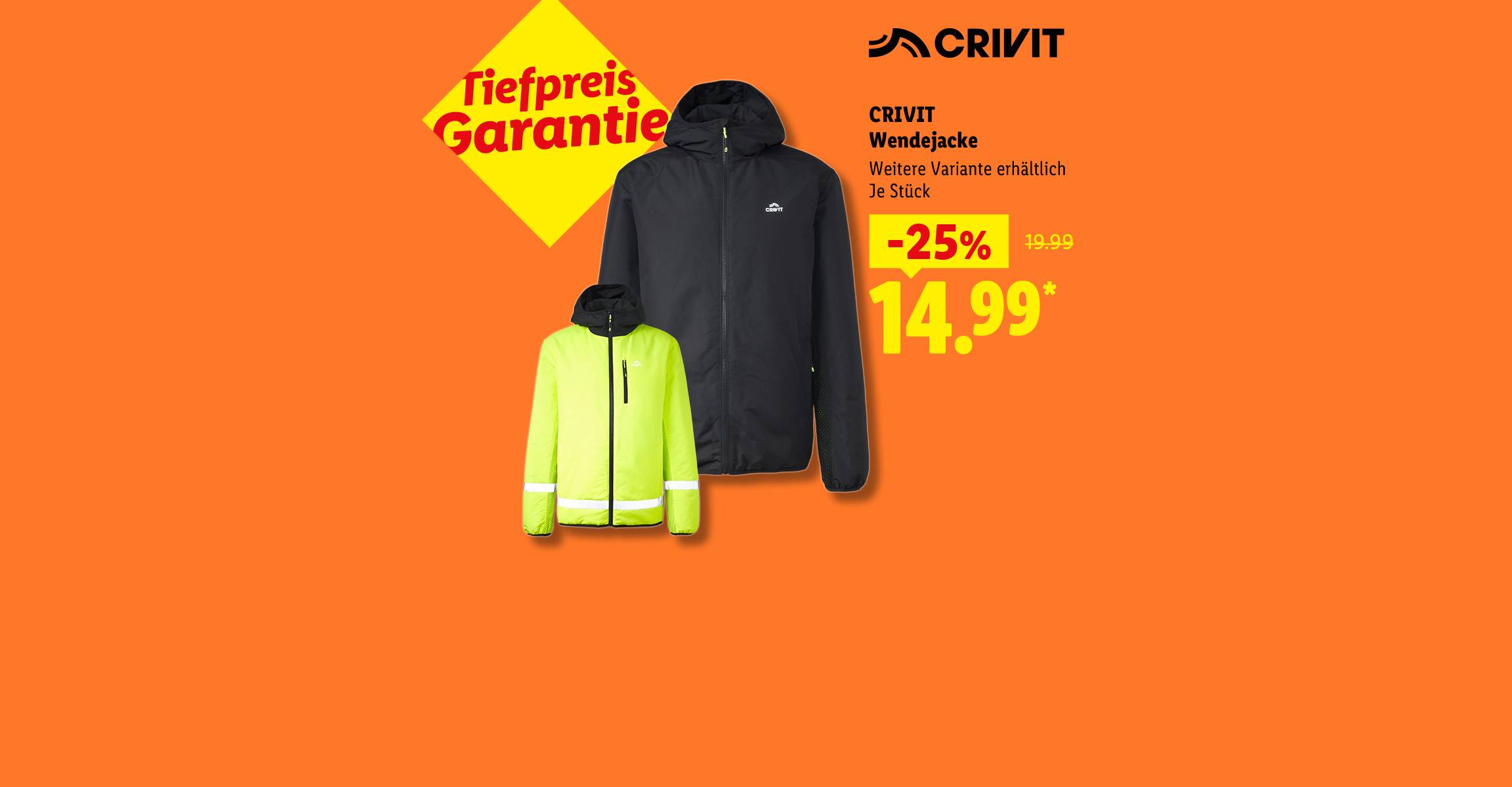 Tiefpreis Garantie: CRIVIT Wendejacke, Weitere Variante erhältlich, je Stück -25% günstiger für 14.99 €*. 