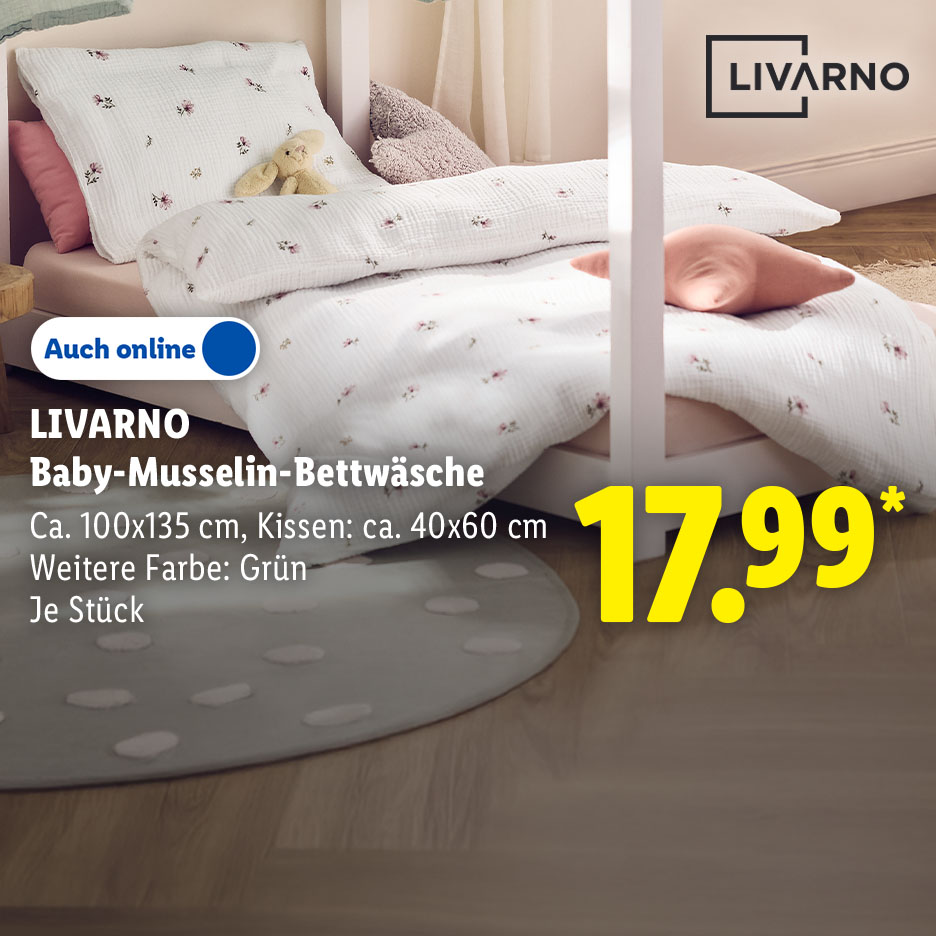 LIVARNO Baby-Musselin-Bettwäsche, Ca. 100x135 cm, Kissen: ca. 40x60 cm, Weitere Farbe: Grün, je Stück, Auch online für 17.99 €*.
