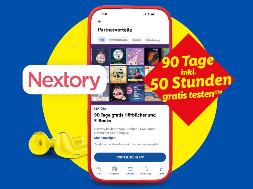 Smartphone-App mit Hörbüchern und E-Books, beworben mit 90 Tagen und 50 Stunden kostenlosem Test.