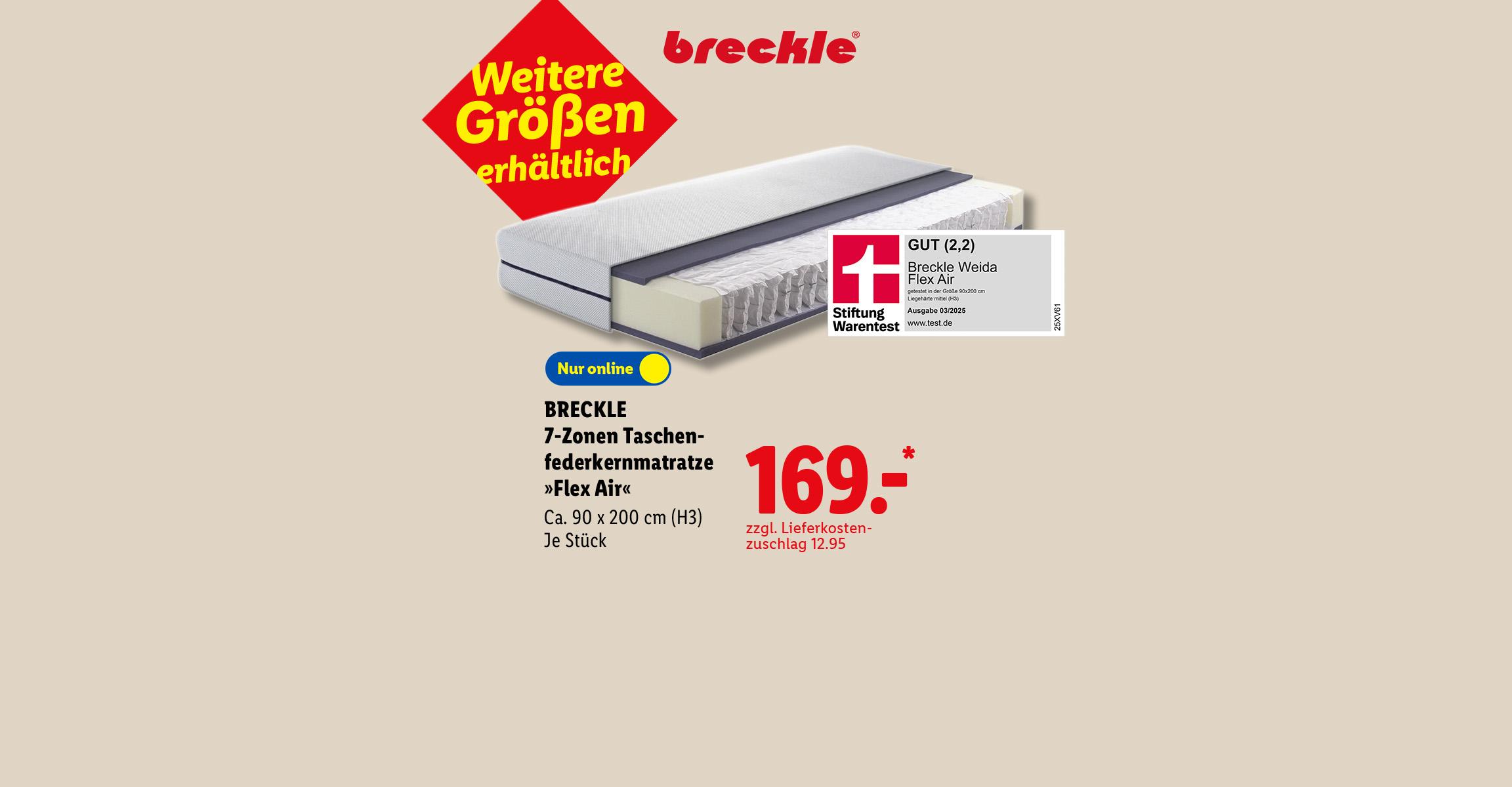 Weitere Größen erhältlich: BRECKLE 7-Zonen Taschenfederkernmatratze »Flex Air«, Ca. 90 x 200 cm (H3), je Stück, Nur online für 169.00 €*. Stiftung Warentest GUT (2,2)