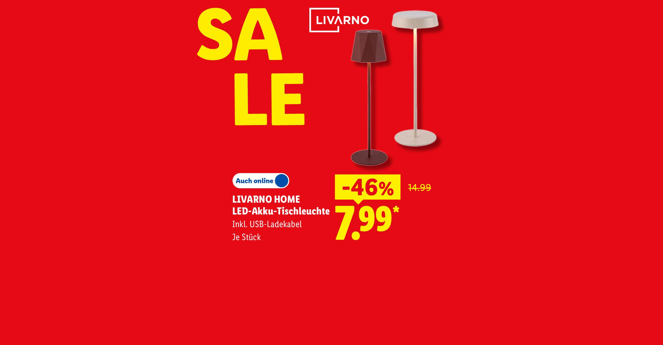 SALE: LIVARNO HOME LED-Akku-Tischleuchte, Inkl. USB-Ladekabel, je Stück -46% günstiger, Auch online für 7.99 €*.