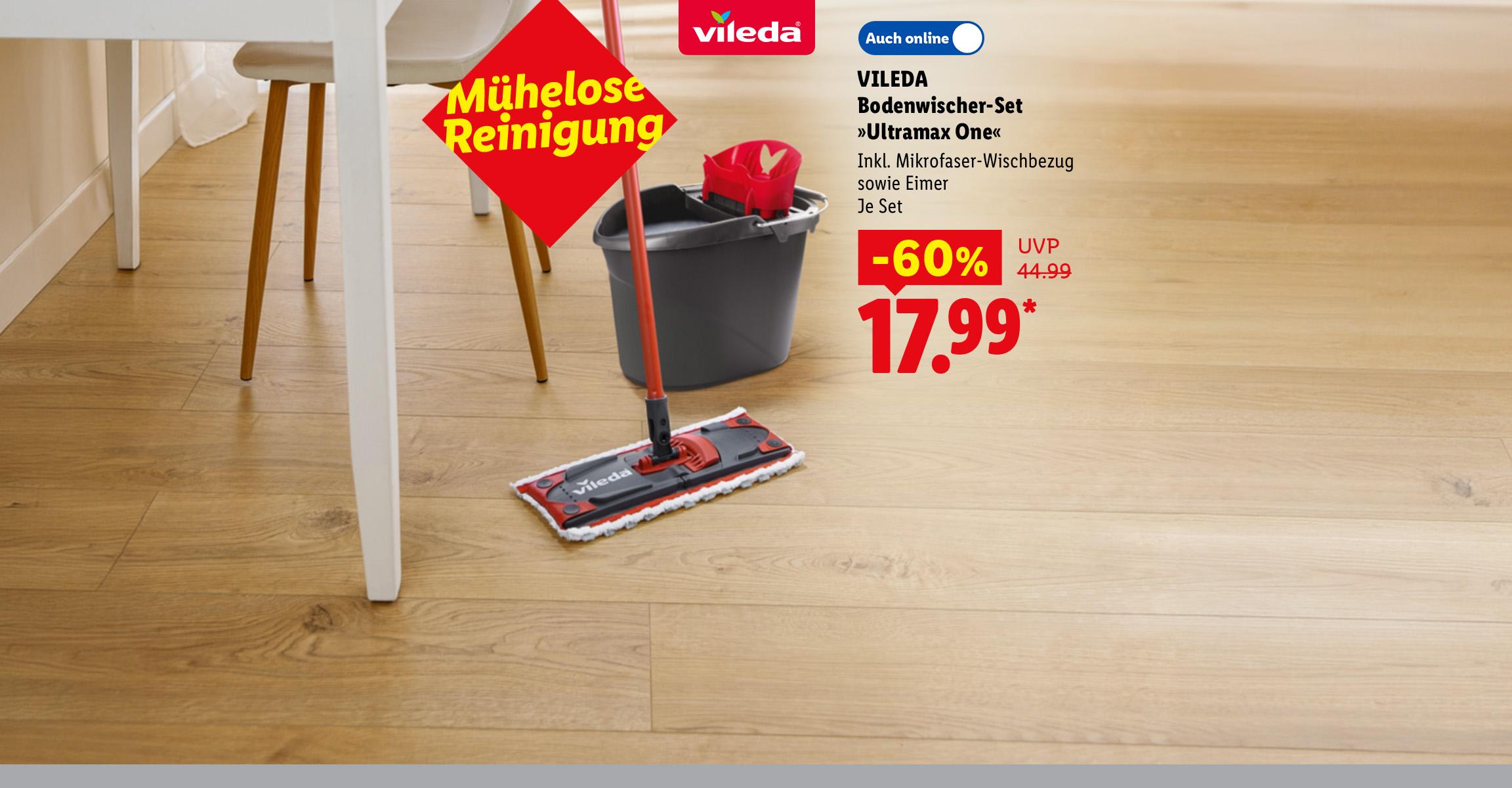 Mühelose Reinigung: VILEDA Bodenwischer-Set »Ultramax One«, Inkl. Mikrofaser-Wischbezug sowie Eimer, je Set -60% günstiger, Auch online für 17.99 €*.