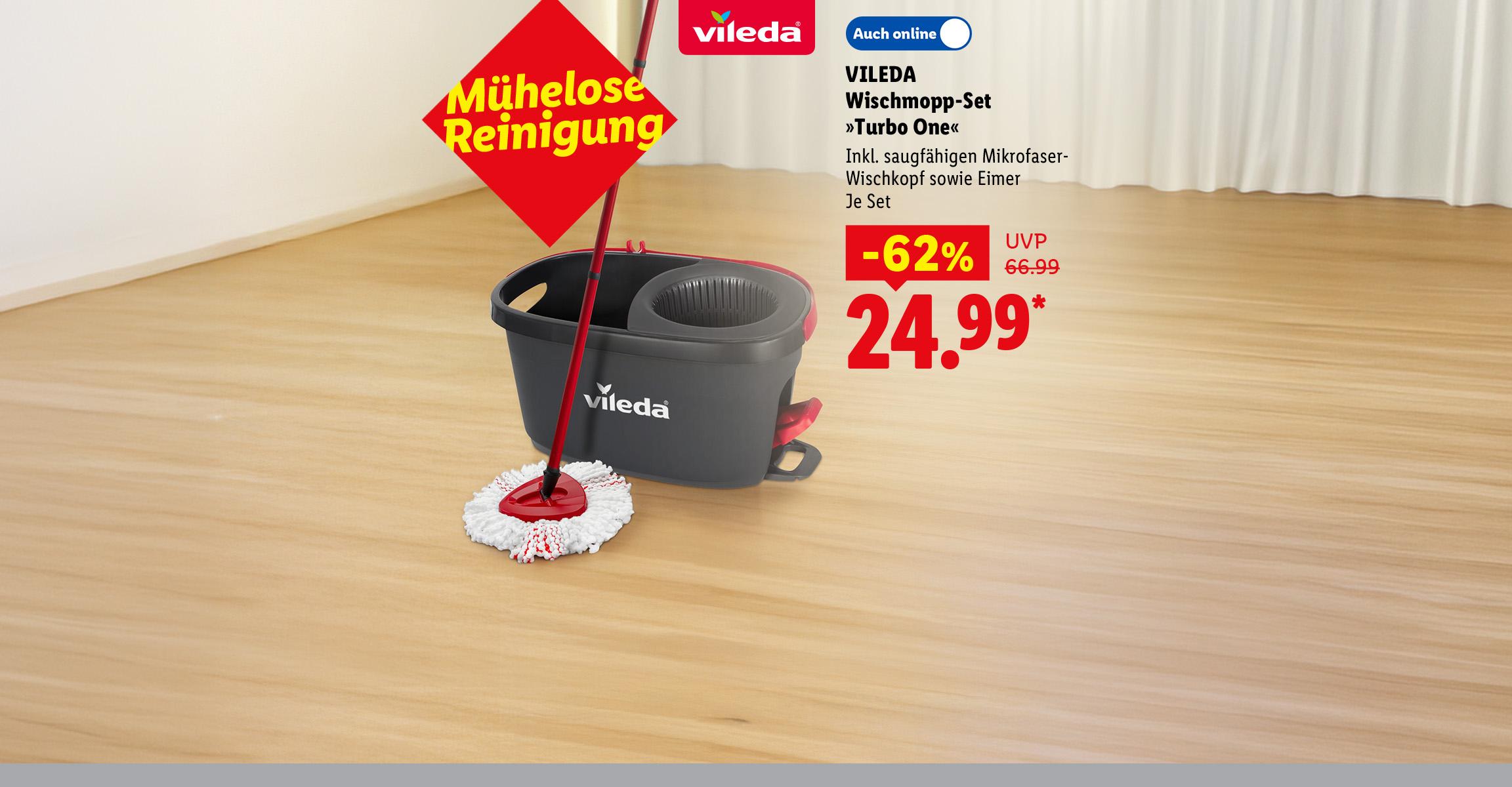Mühelose Reinigung: VILEDA Wischmopp-Set »Turbo One«, Inkl. saugfähigen Mikrofaser-Wischkopf sowie Eimer, je Set -62% günstiger, Auch online für 24.99 €*.
