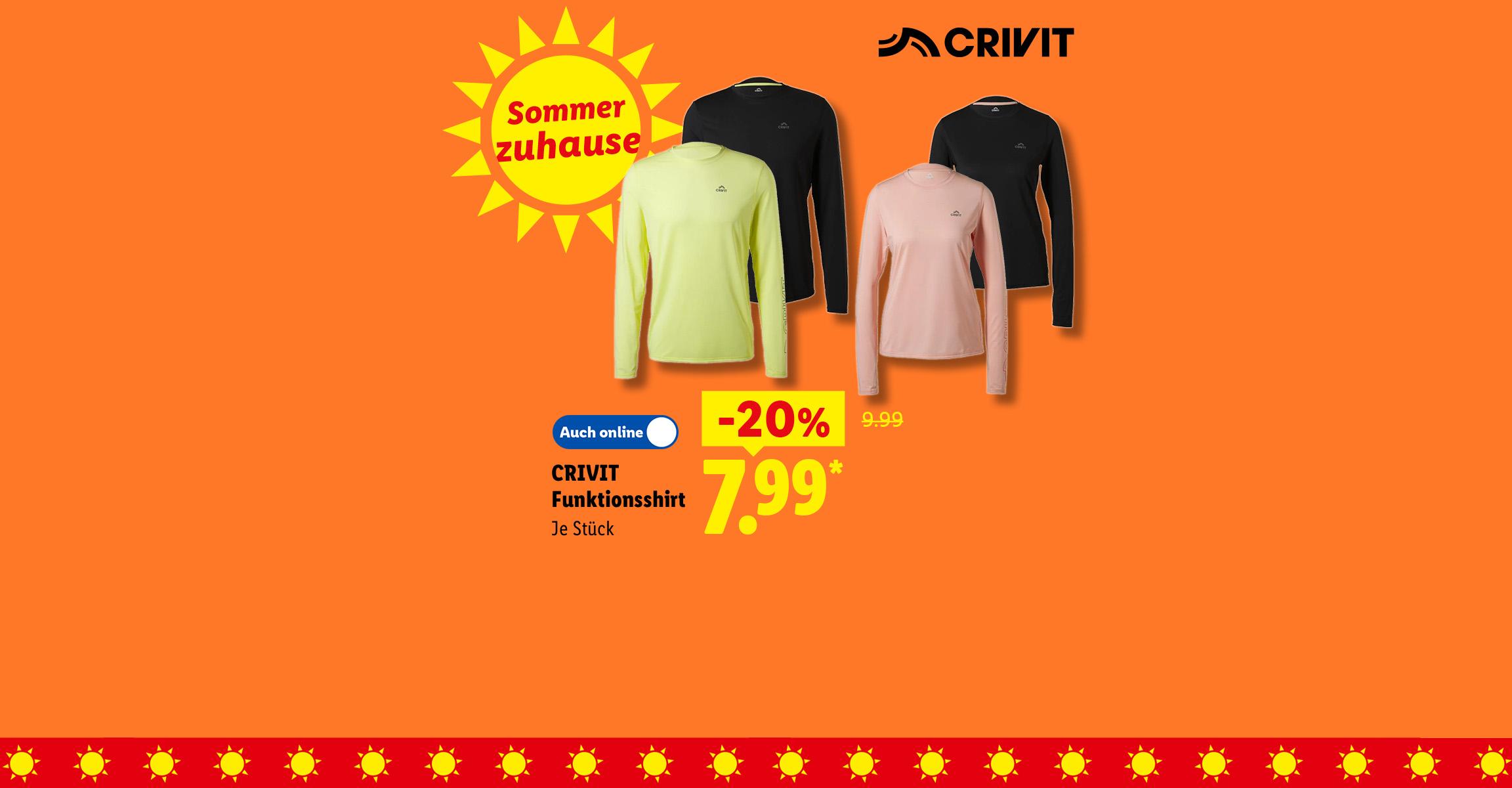 Sommer zuhause: CRIVIT Funktionsshirt, je Stück -20% günstiger, Auch online für 7.99 €*.