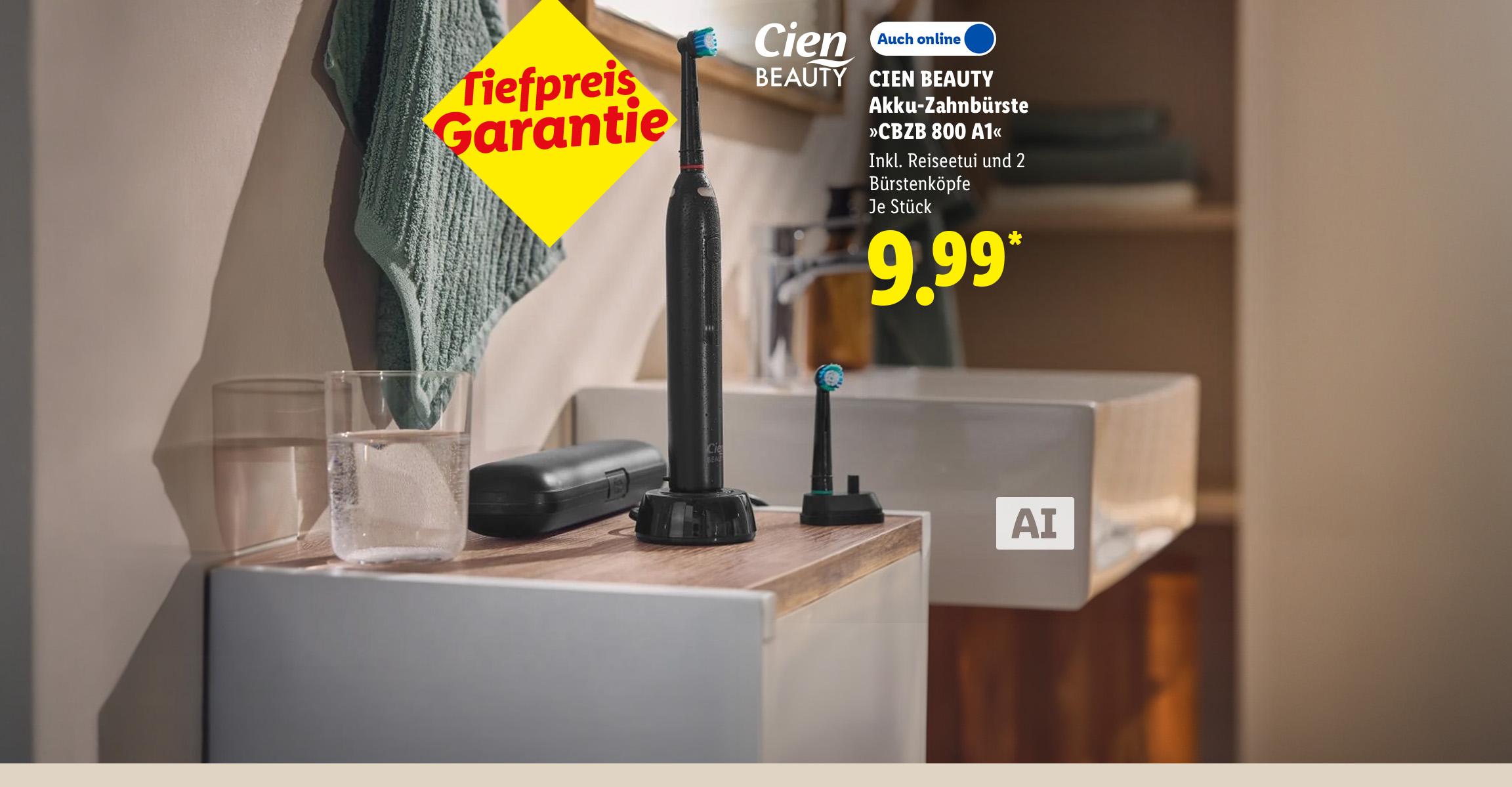 Tiefpreis Garantie: CIEN BEAUTY Akku-Zahnbürste »CBZB 800 A1«, Inkl. Reiseetui und 2 Bürstenköpfe, je Stück, Auch online für 9.99 €*. AI-generated