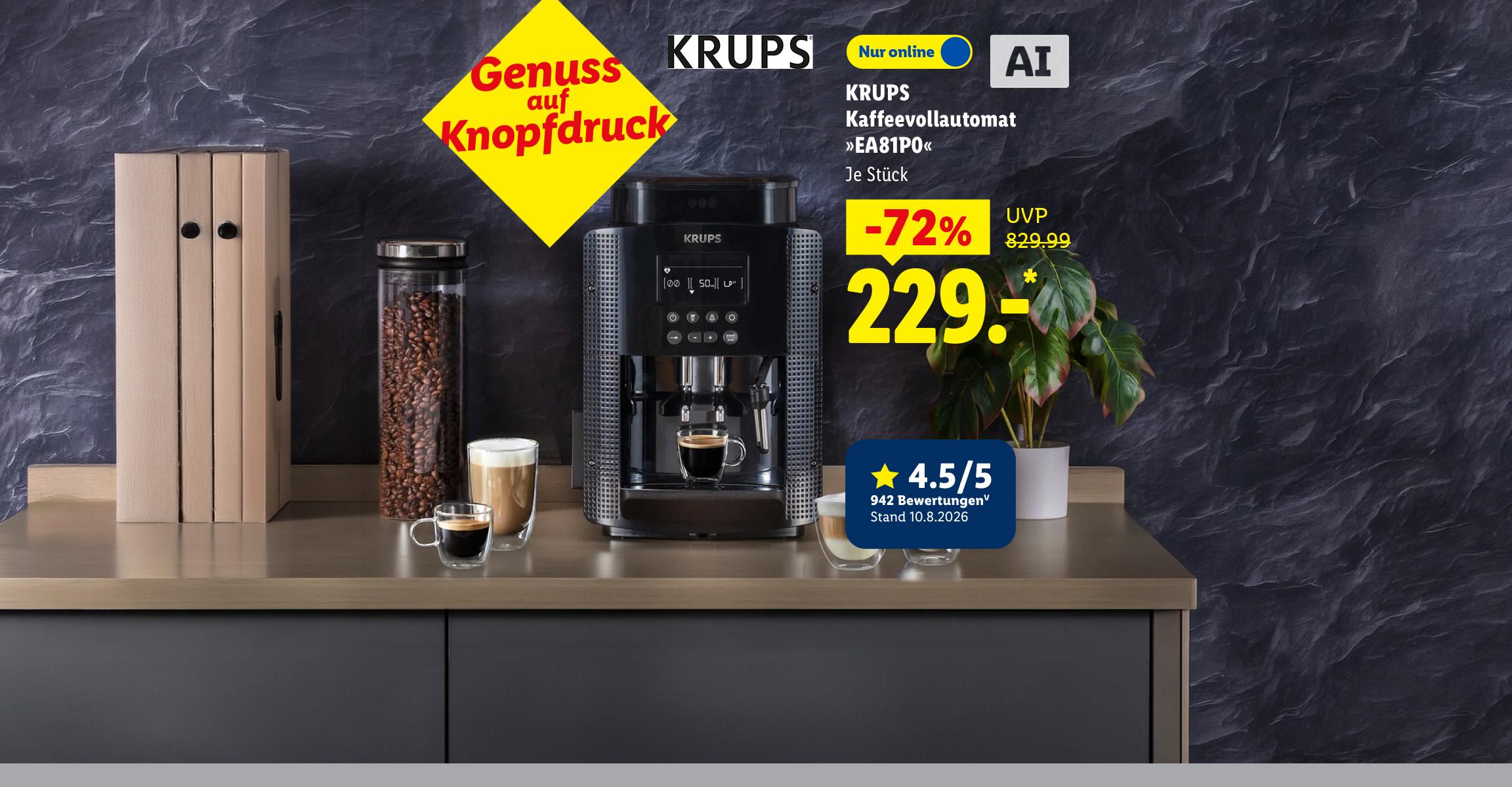 Genuss auf Knopfdruck: KRUPS Kaffeevollautomat »EA81P0«, Kundenbewertung 4.5/5 Stand 10.8.2026, je Stück -72% günstiger, Nur online für 229.00 €*. AI-generated
