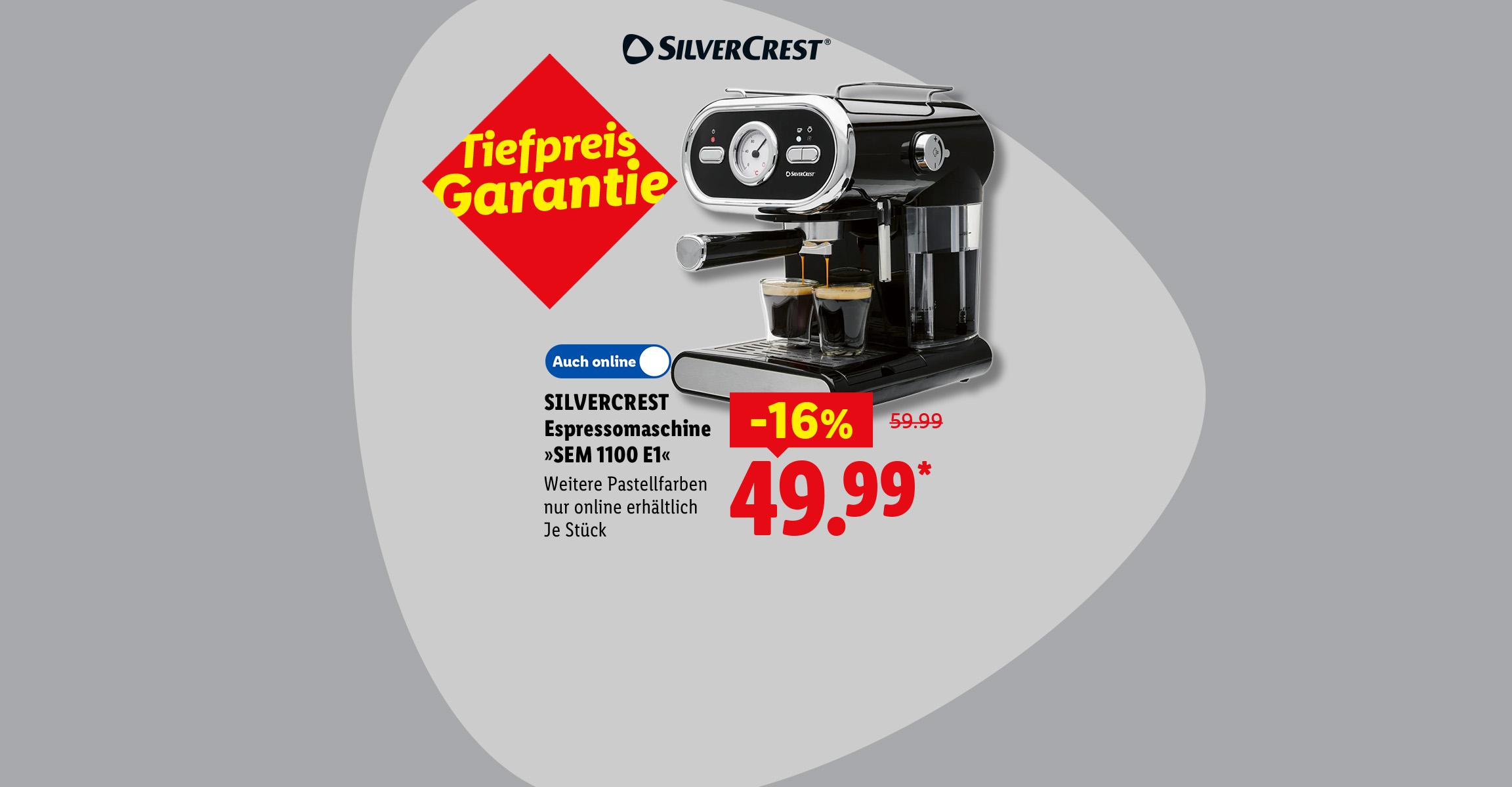Tiefpreis Garantie: SILVERCREST Espressomaschine »SEM 1100 E1«, Weitere Pastellfarben nur online erhältlich, je Stück -16% günstiger, Auch online für 49.99 €*. AI-generated.