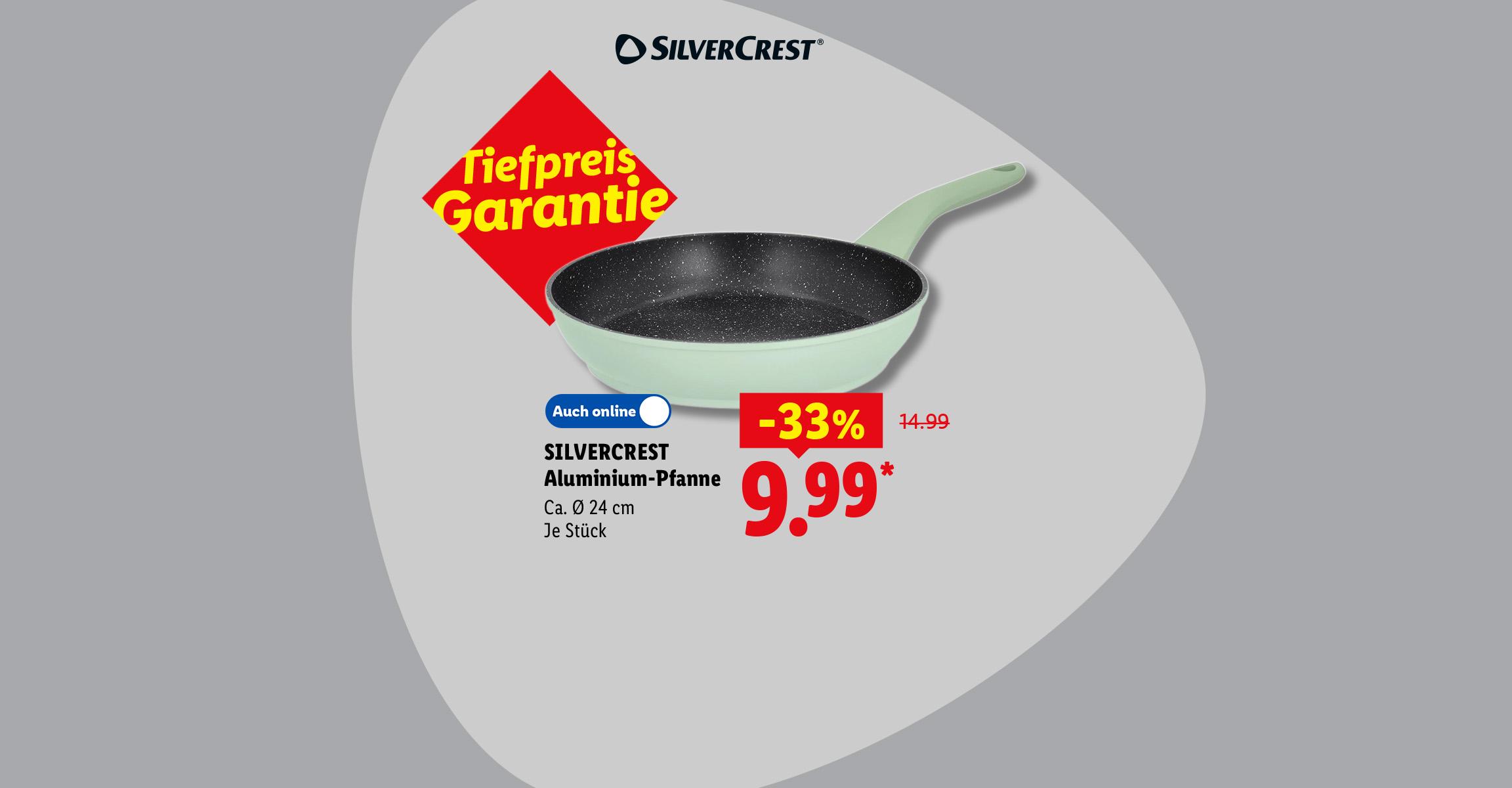 Tiefpreis Garantie: SILVERCREST Aluminium-Pfanne, Ca. Ø 24 cm, je Stück -33% günstiger, Auch online für 9.99 €*.