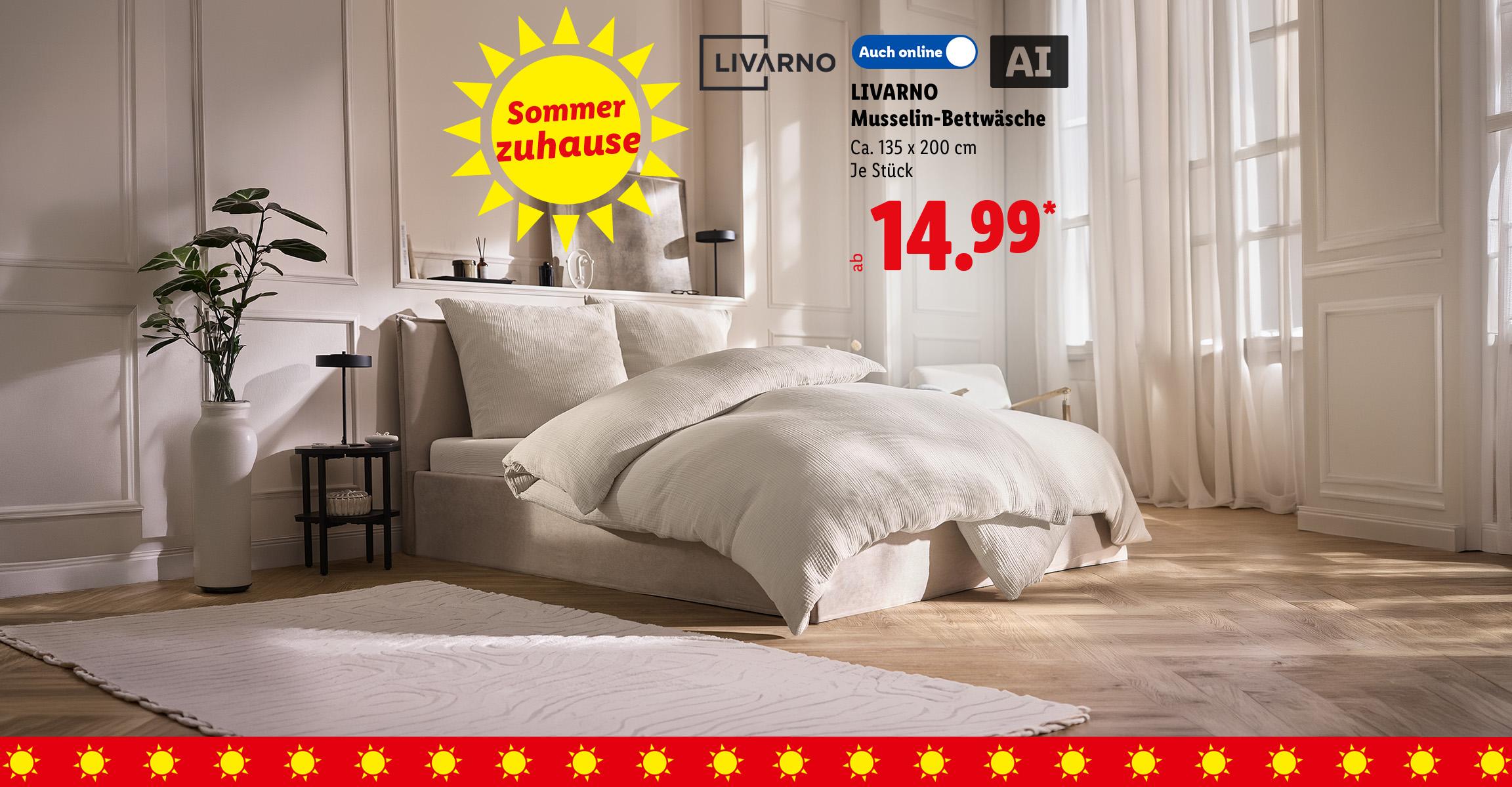 Sommer zuhause: LIVARNO Musselin-Bettwäsche, Ca. 135 x 200 cm, je Stück, Auch online für ab 14.99 €*. AI-generiert.