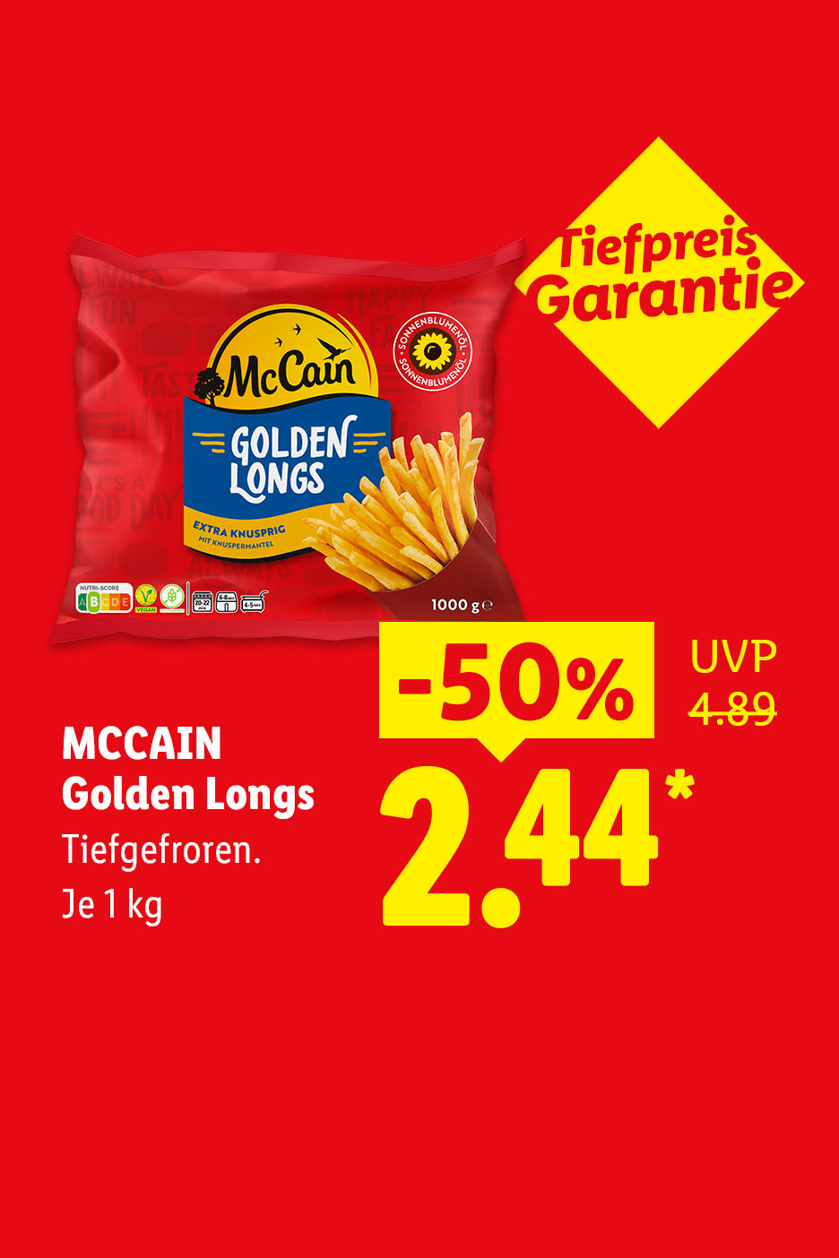 Tiefpreis Garantie – MCCAIN Golden Longs, Tiefgefroren, je 1 kg -50% für 2.44 €*.