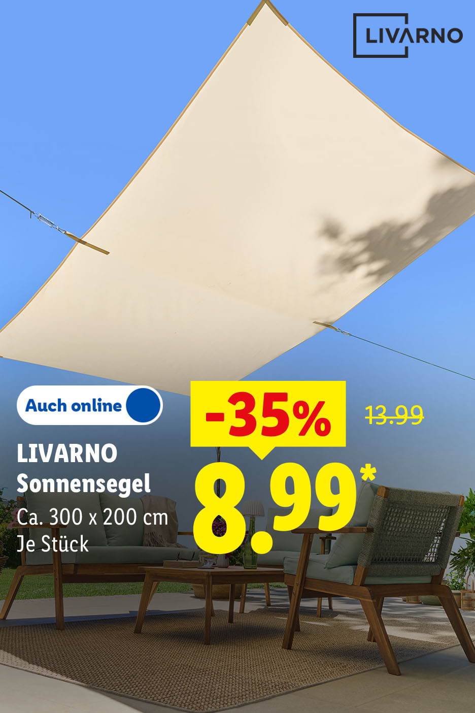 LIVARNO Sonnensegel, Ca. 300 x 200 cm, auch online je Stück -35% für 8.99 €*.