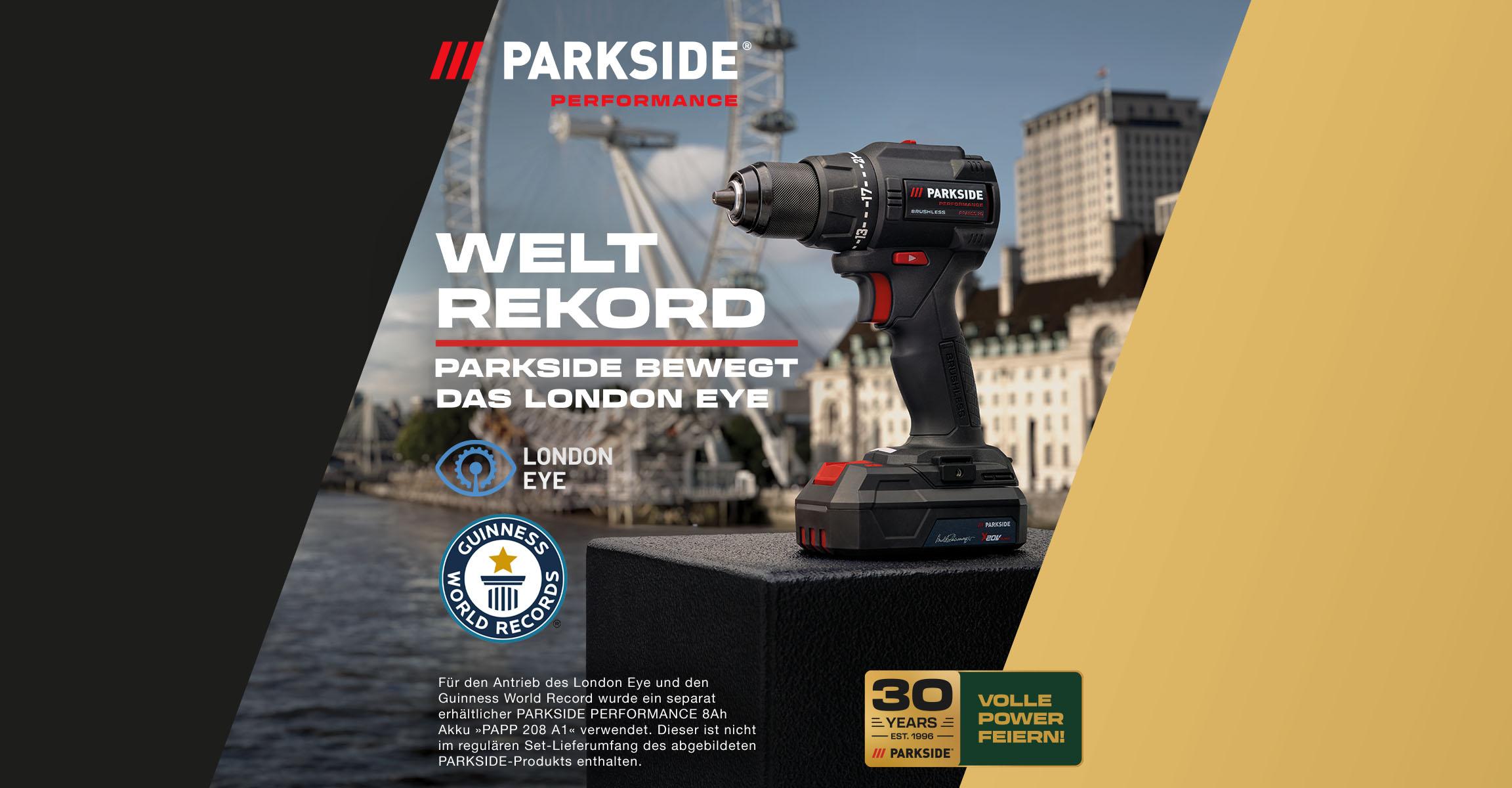 Weltrekord: PARKSIDE bewegt das London Eye. Guinness World Records. 30 Jahre PARKSIDE – Volle Power feiern!