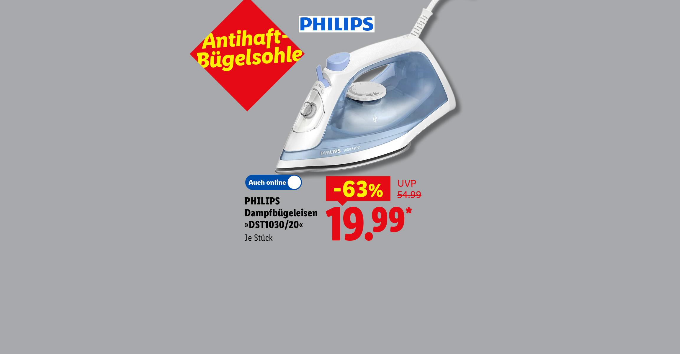 Antihaft-Bügelsohle: PHILIPS Dampfbügeleisen »DST1030/20«, je Stück 63% günstiger, Auch online für 19.99 €*.