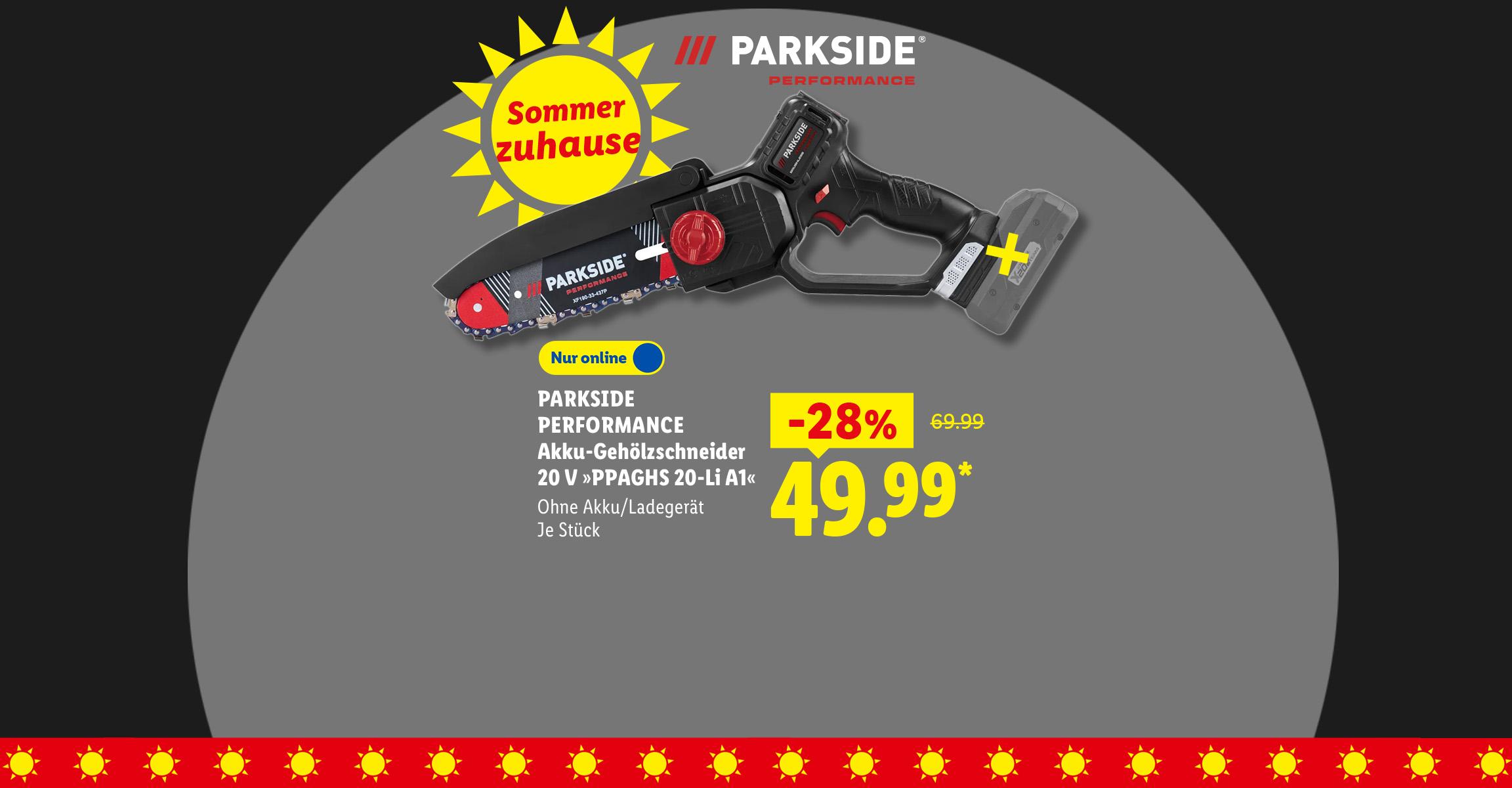 30 Jahre Parkside, Sommer zuhause: PARKSIDE PERFORMANCE Akku-Gehölzschneider 20 V »PPAGHS 20-Li A1«, Ohne Akku/Ladegerät, je Stück 28% günstiger, Nur online für 49.99 €*.