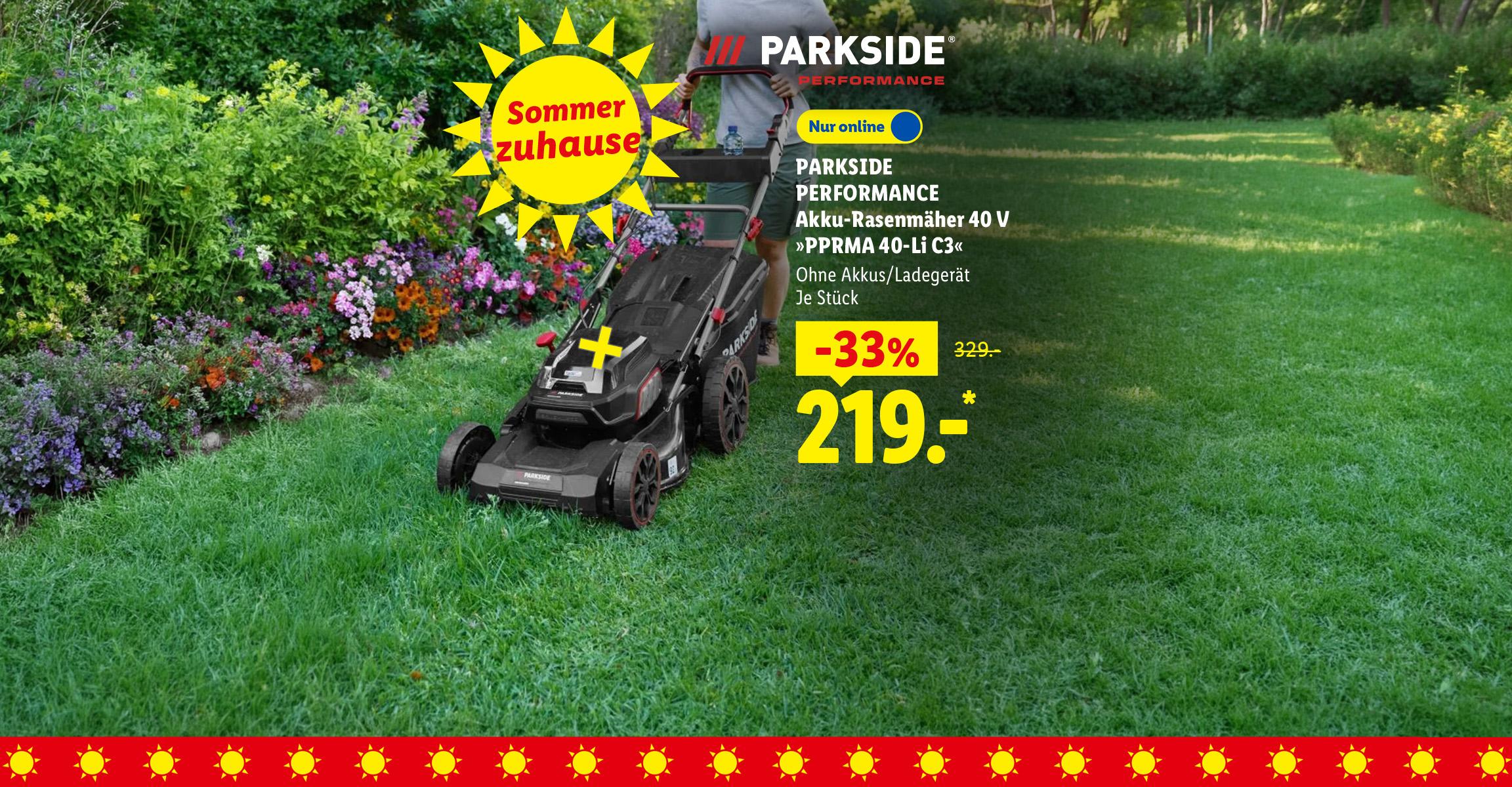 AI-generiert: 30 Jahre Parkside, Sommer zuhause: PARKSIDE PERFORMANCE Akku-Rasenmäher 40 V »PPRMA 40-Li C3«, Ohne Akkus/Ladegerät, je Stück 33% günstiger, Nur online für 219.00 €*. AI-generated