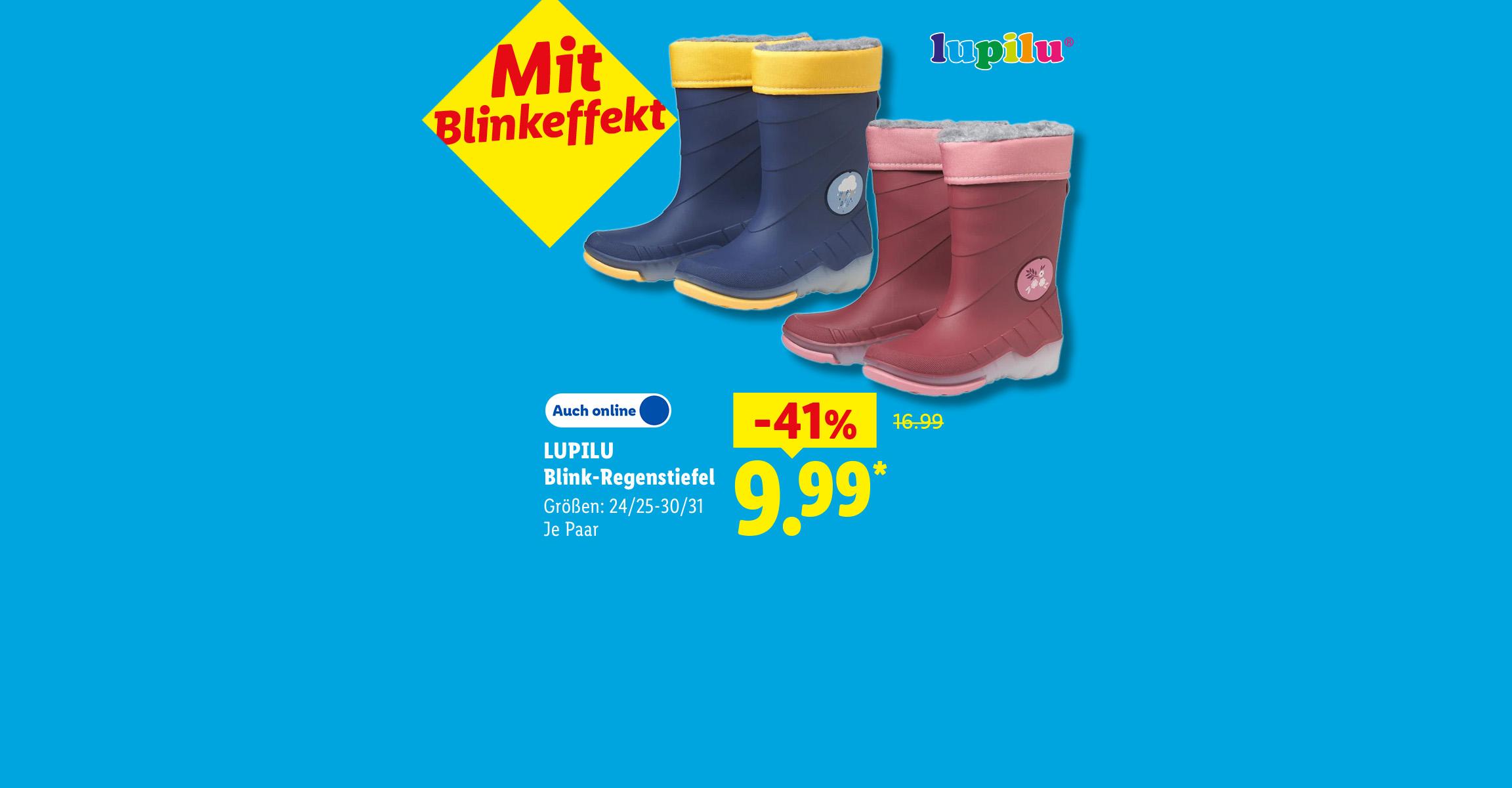 Mit Blinkeffekt: LUPILU Blink-Regenstiefel, Größen: 24/25-30/31, je Paar 41% günstiger, Auch online für 9.99 €*.
