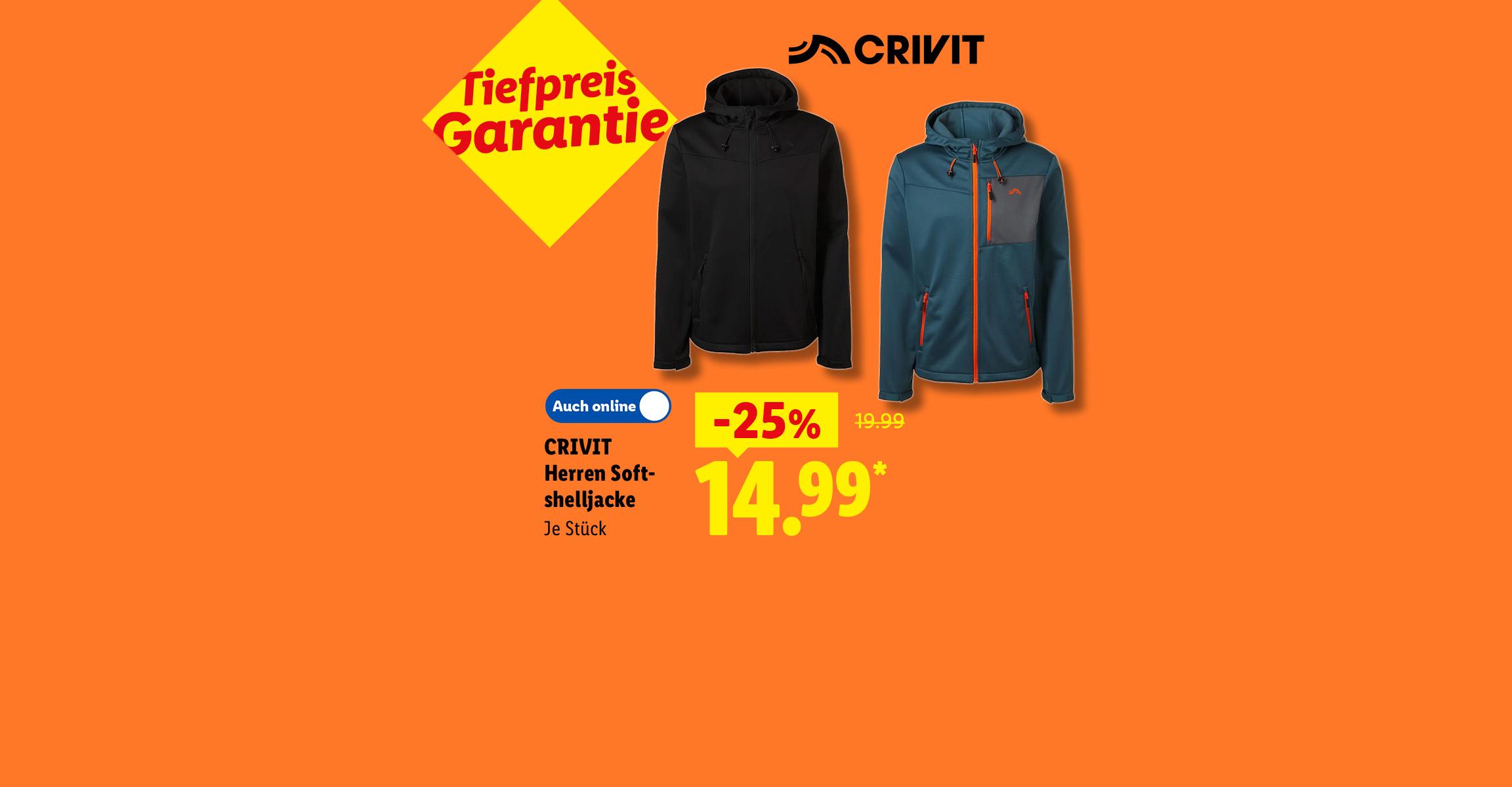 AI-generiert: Tiefpreis Garantie: CRIVIT Herren Softshelljacke, je Stück 25% günstiger, Auch online für 14.99 €*. AI-generated.